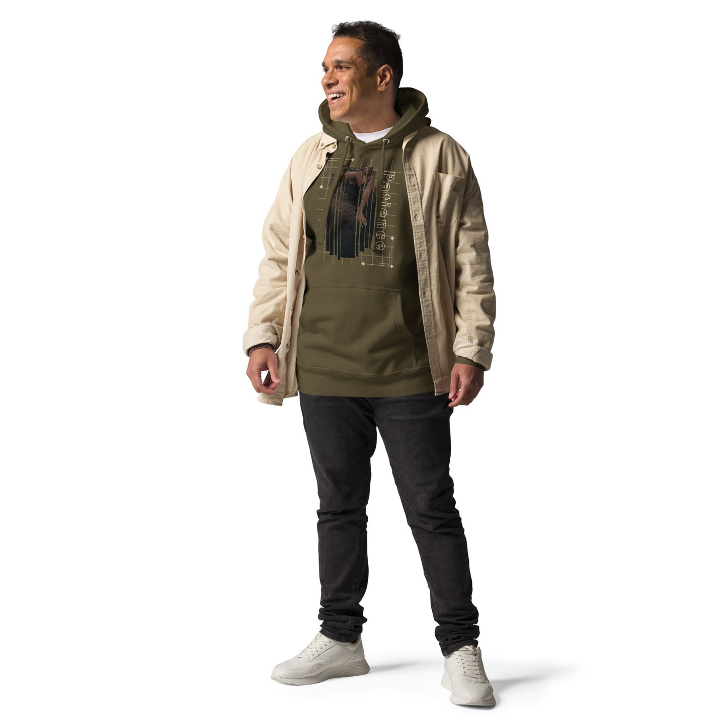 Stillwater Hoodie - Left Placement image 9 in Navy Blazer, size L, showing front view for the Patience design.