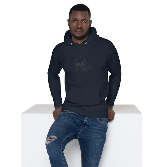 Image 1 of Navy Blazer Rose & Bone Hoodie - Left Placement, size S, with Skull and Rose artwork visible in front view.