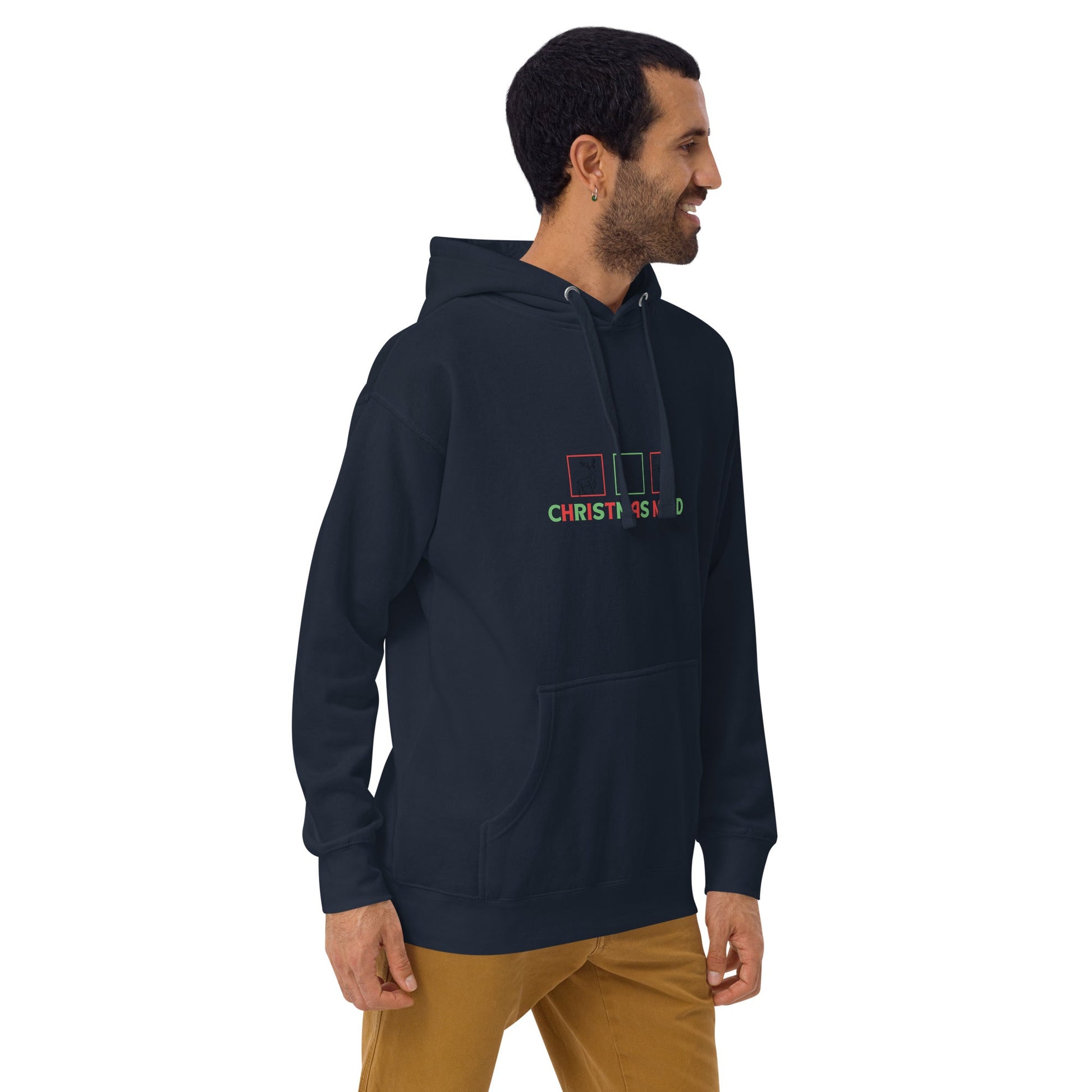 Image 2 of Navy Blazer Festive Mood Hoodie - Left Placement, size M, with Xmas Mood artwork visible in front view, right-side angle.