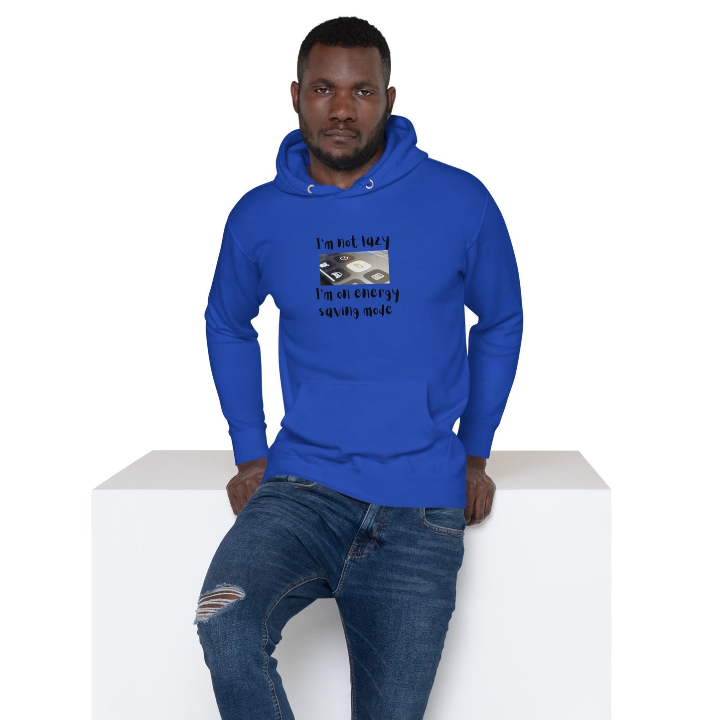 Low Power Hoodie - Left Placement image 3 in Navy Blazer, size L, showing front view for the Energy Saving design.