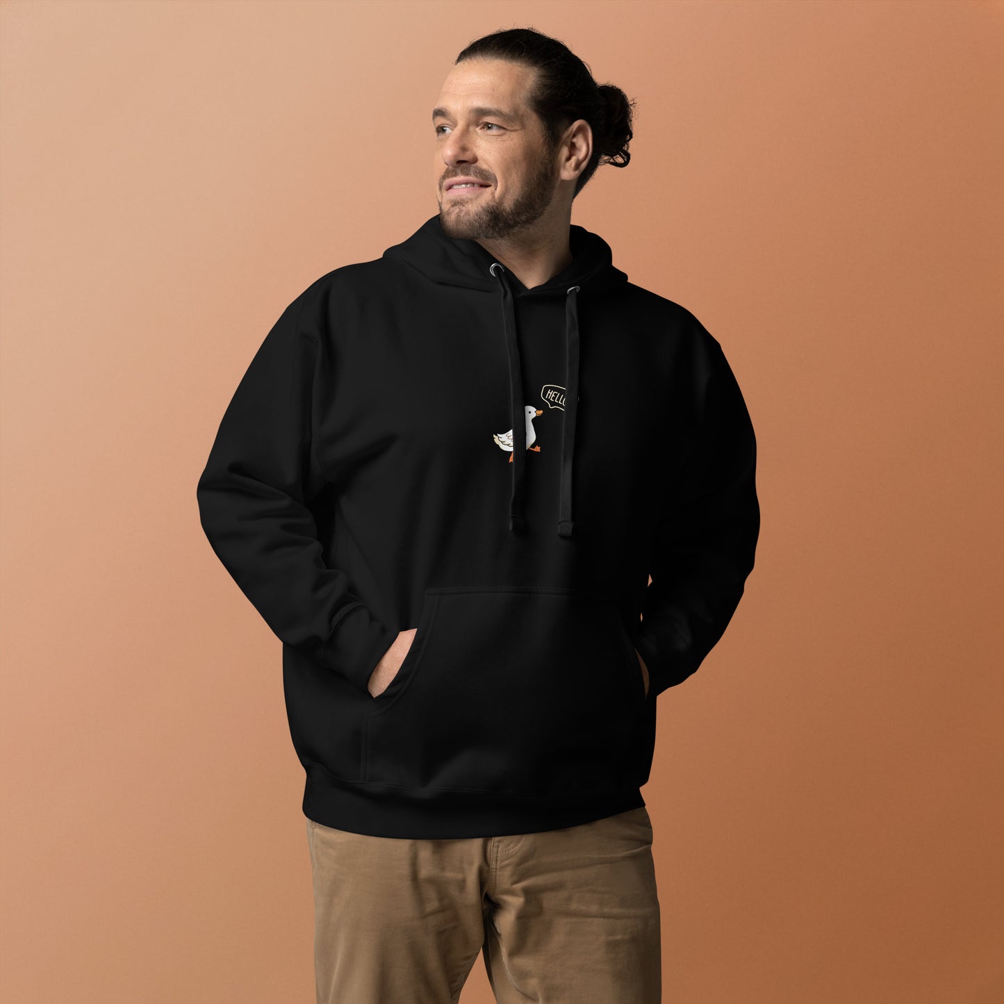 Quacksy Hoodie image 2 in Black, size M, showing front view for the Hello Duck design.