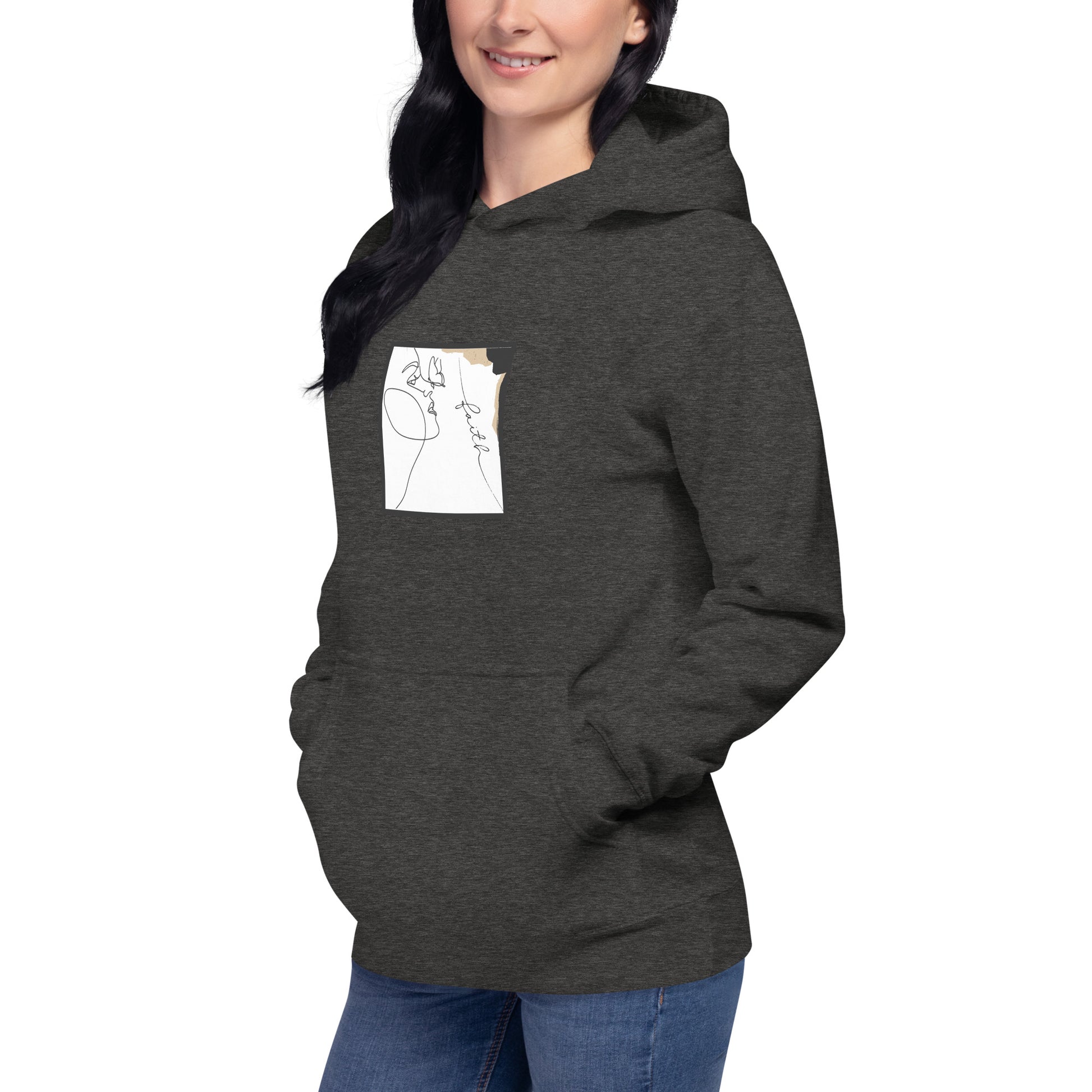 Faithline Hoodie - Left Placement product image 22 in Charcoal Heather, size XL, with front view, left-side angle and left placement.