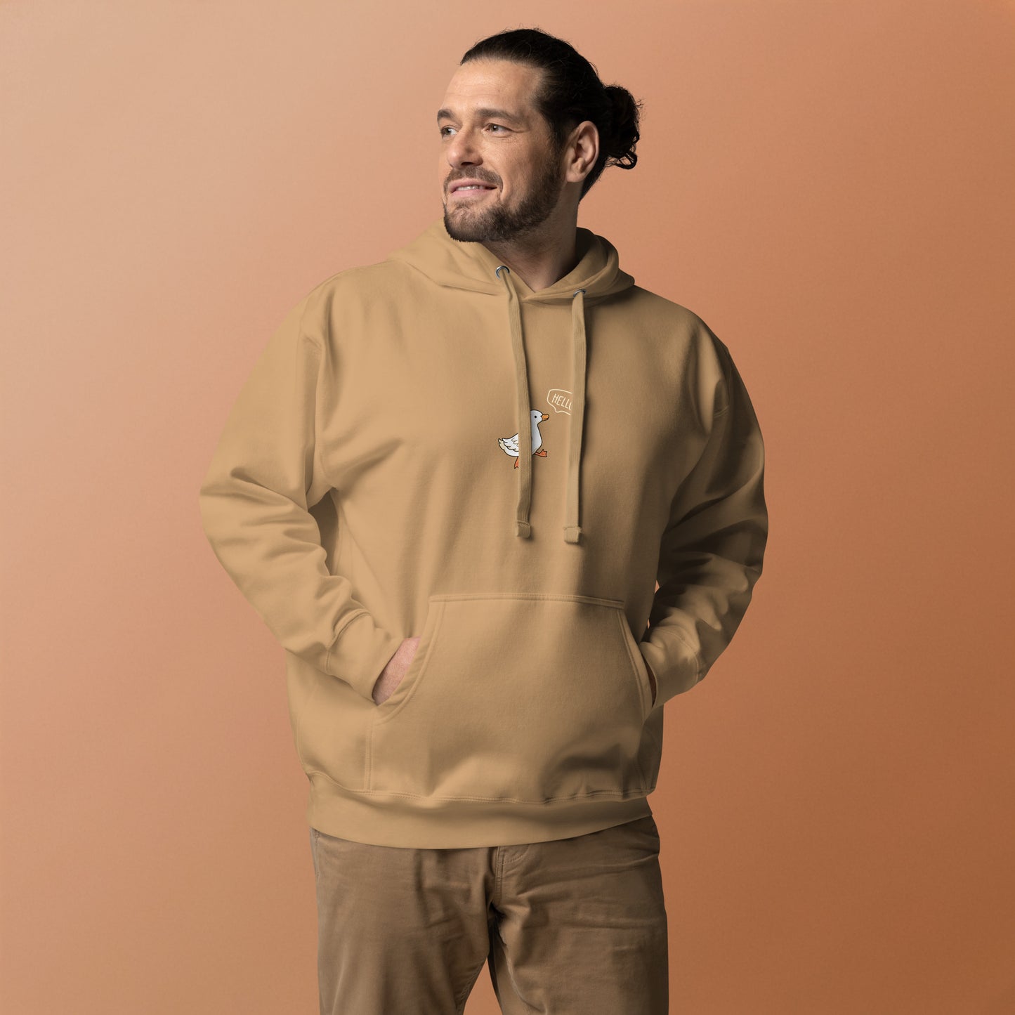 Quacksy Hoodie image 42: Military Green version, size M with front view of the Hello Duck range.