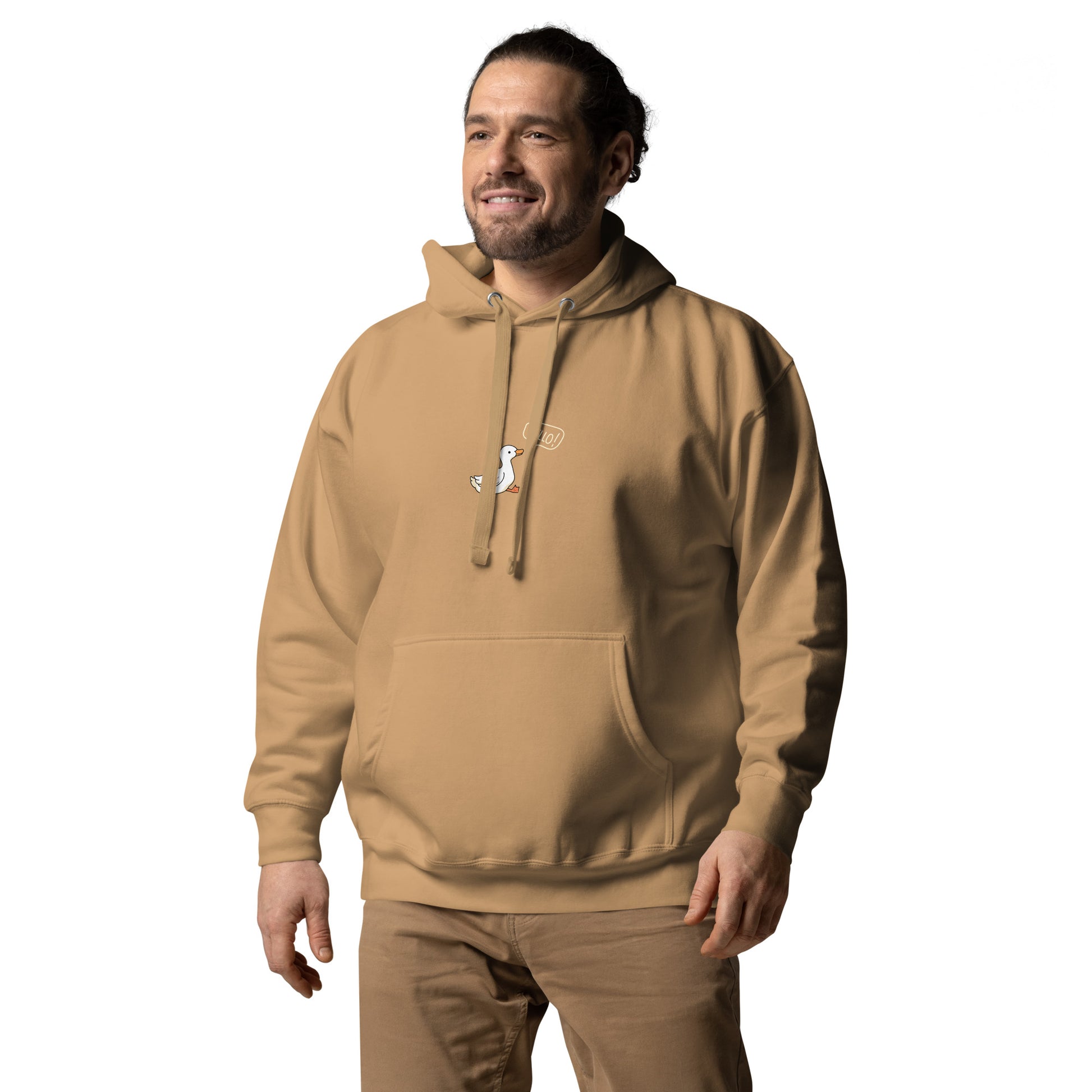 Quacksy Hoodie by R.A. Apparel, image 41, front view, left-side angle, Military Green, size S, design placement.