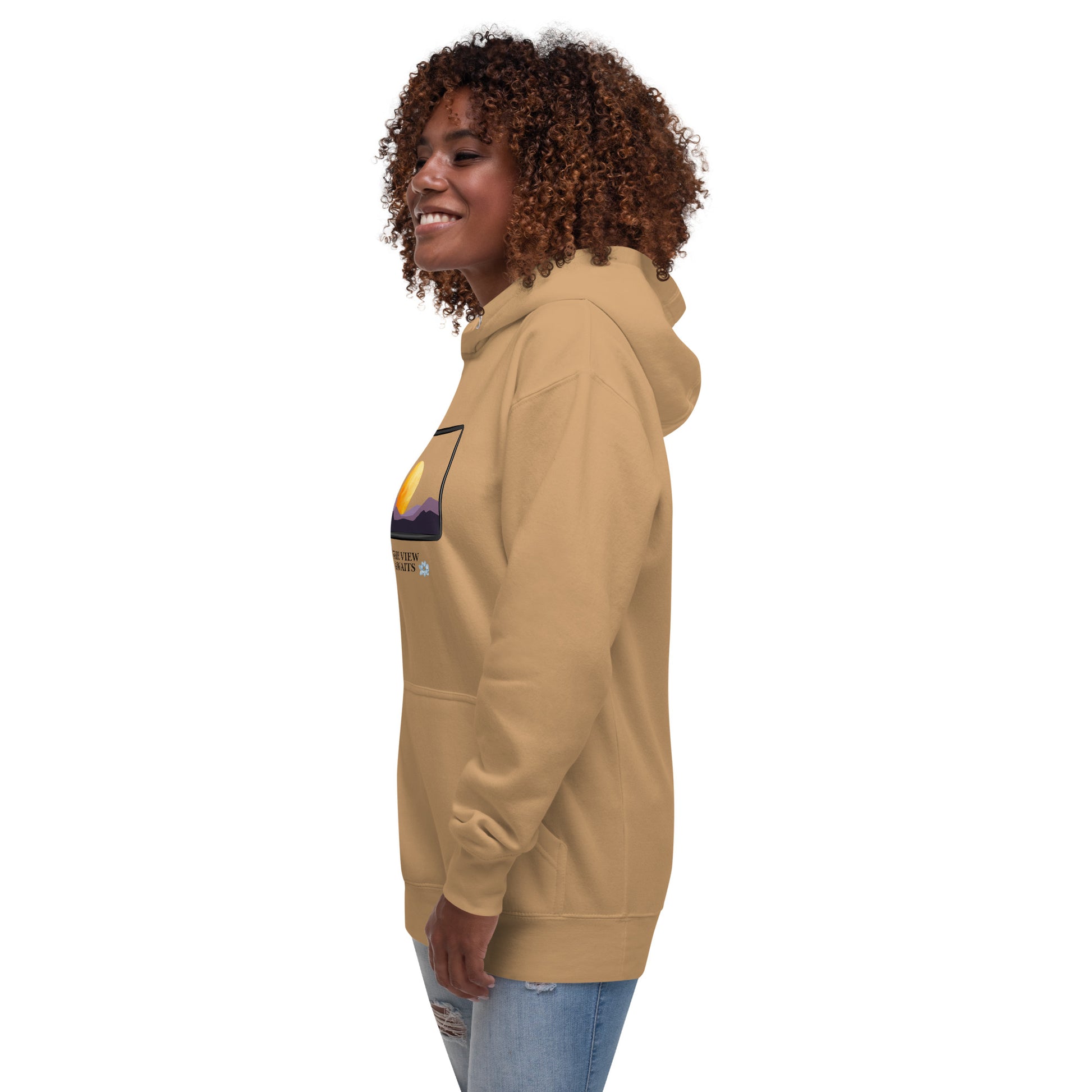 Image 51 of Dusty Rose Avenor Hoodie, size S, with The View Awaits artwork visible in front view, left-side angle.