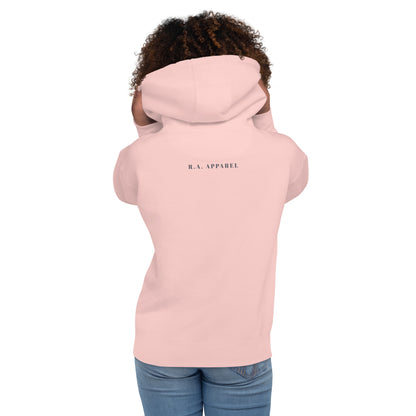 Image 62 of Khaki Avenor Hoodie, size M, with The View Awaits artwork visible in back view.