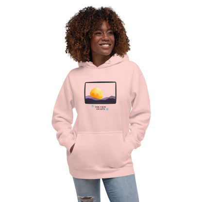Image 61 of Khaki Avenor Hoodie, size S, with The View Awaits artwork visible in front view.