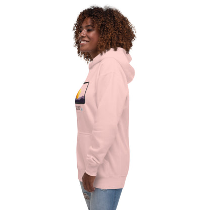 Image 63 of Khaki Avenor Hoodie, size L, with The View Awaits artwork visible in front view, left-side angle.