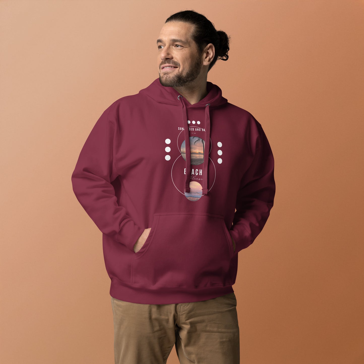 Image 15 of Maroon Coastline Attitude Hoodie - Left Placement, size L, with Beach Please artwork visible in front view.