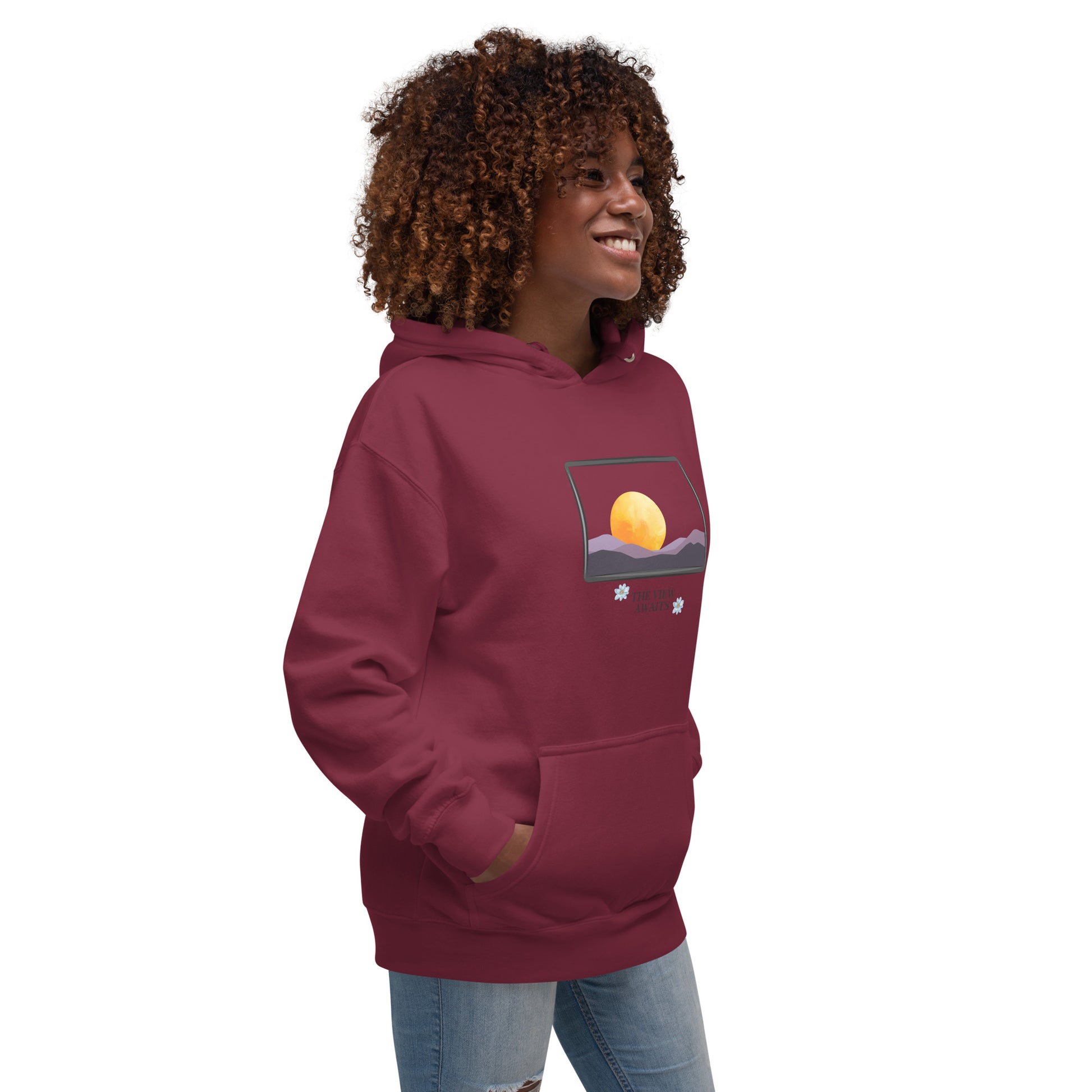 Image 12 of Maroon Avenor Hoodie, size M, with The View Awaits artwork visible in front view, right-side angle.