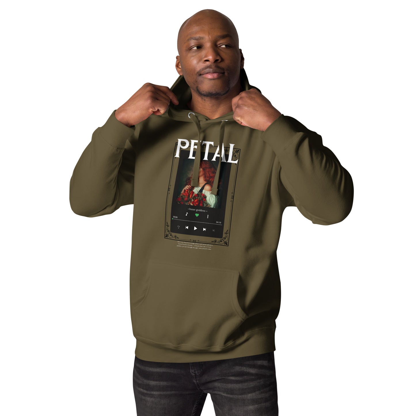 Image 17 of Charcoal Heather Petaline Hoodie, size M, with Petal artwork visible in front view.