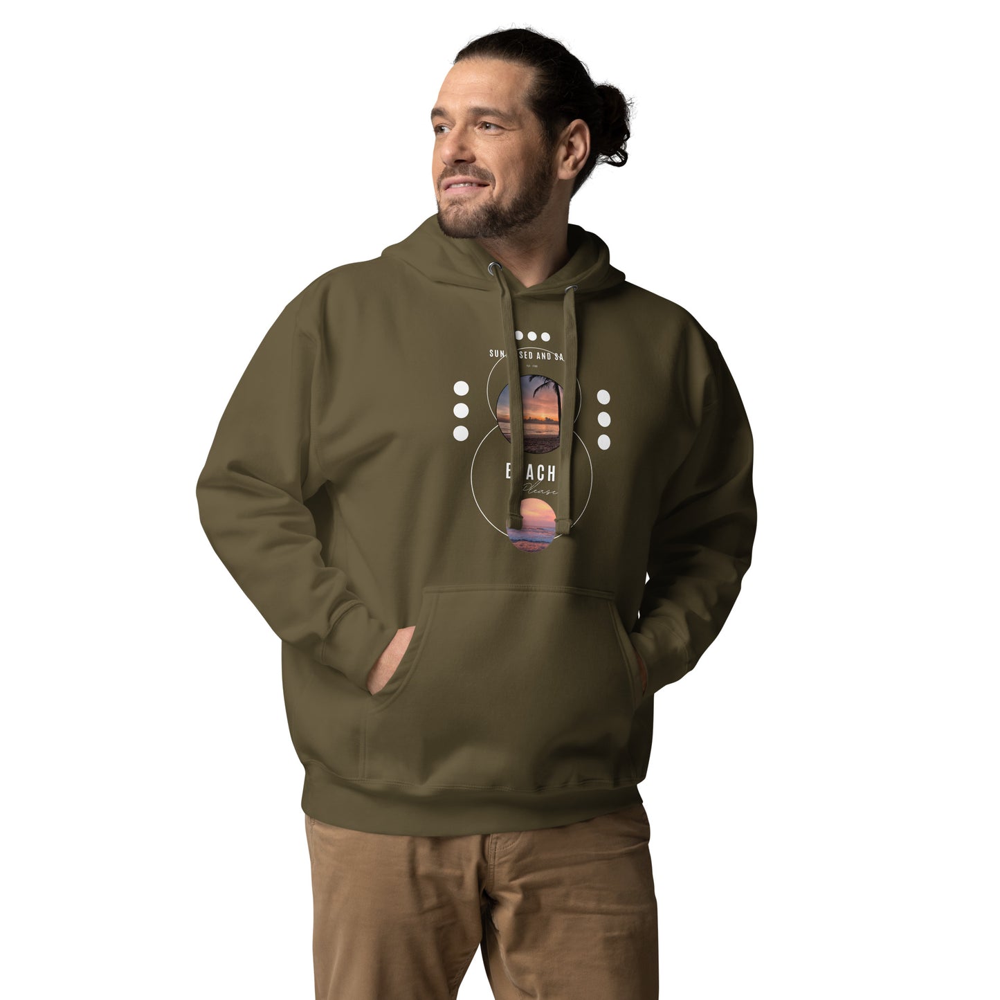 Coastline Attitude Hoodie - Left Placement image 22: Charcoal Heather version, size XL with front view of the Beach Please range.