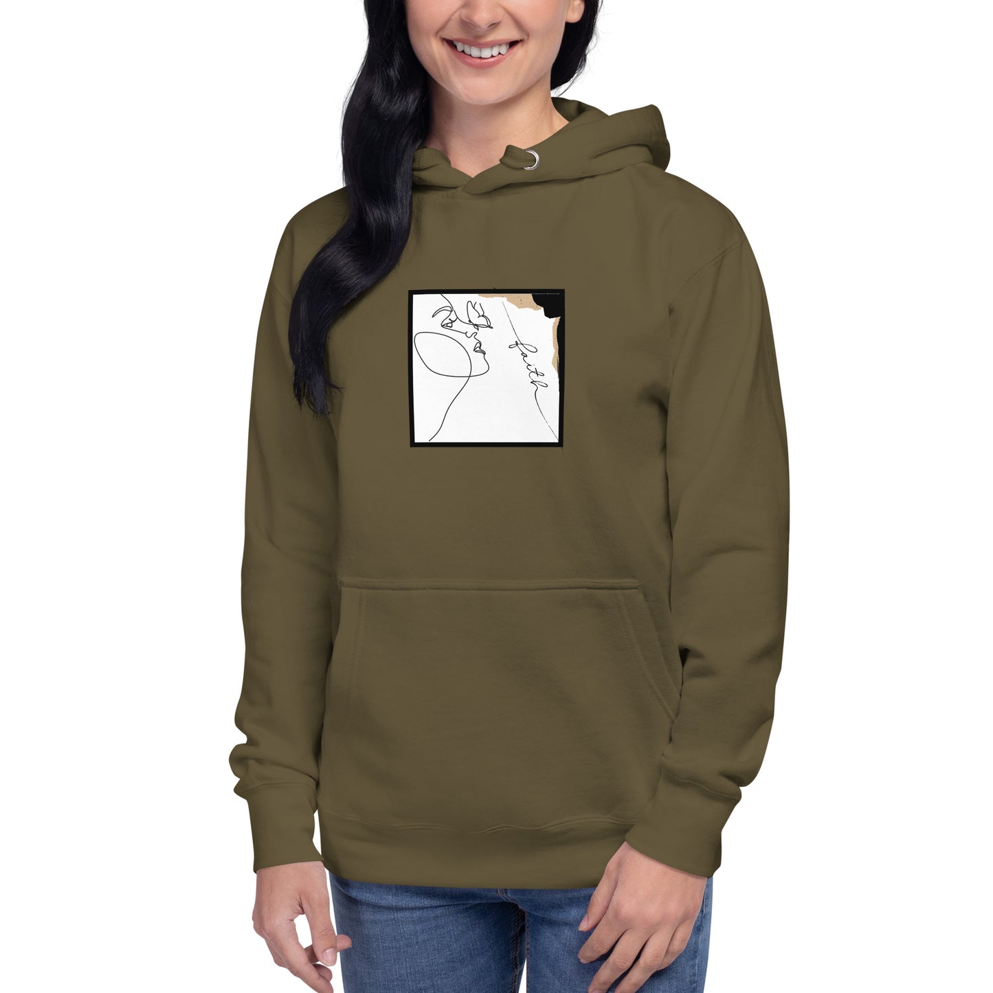 Image 43 of Forest Green Faithline Hoodie - Left Placement, size S, with Faith artwork visible in front view.