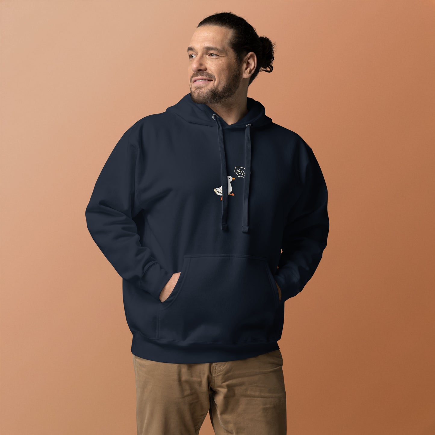 Quacksy Hoodie by R.A. Apparel, image 6, front view, Navy Blazer, size S, design placement.