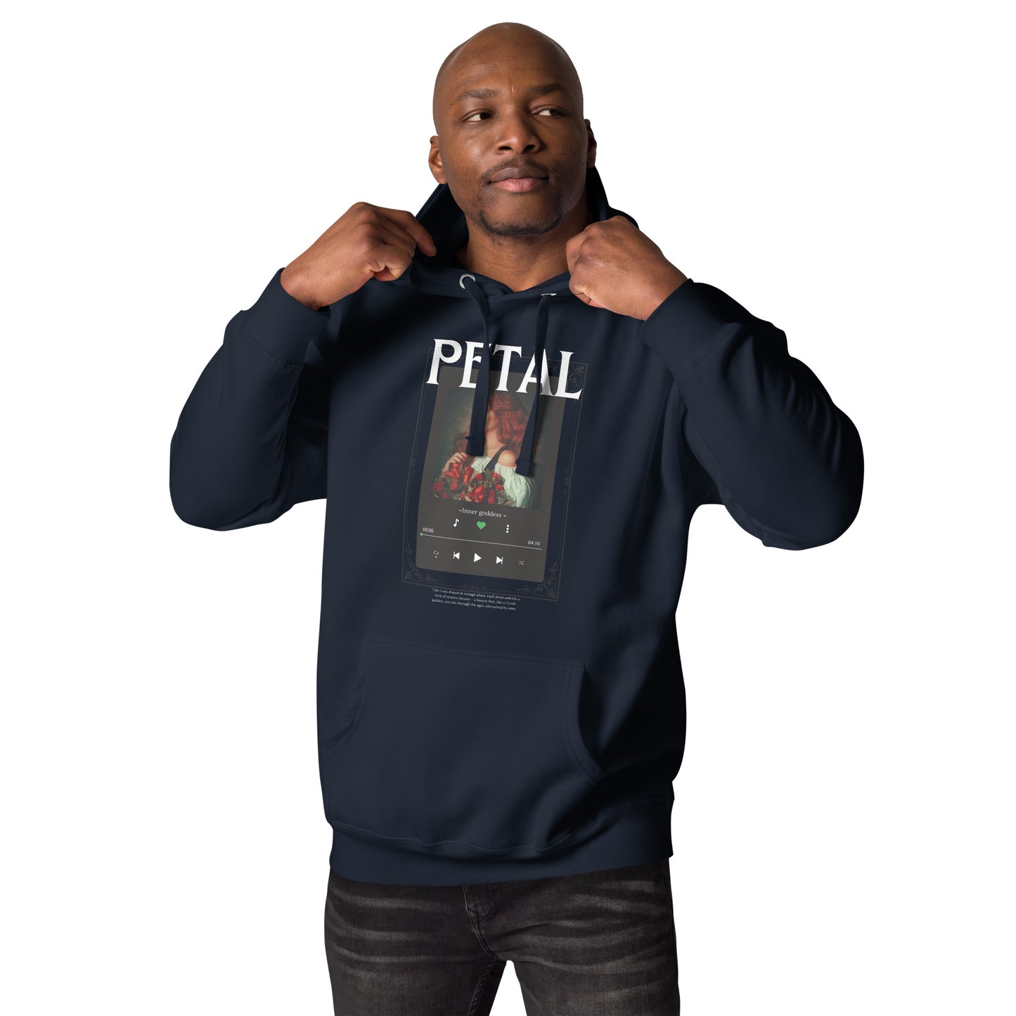 Image 3 of Black Petaline Hoodie, size L, with Petal artwork visible in front view.
