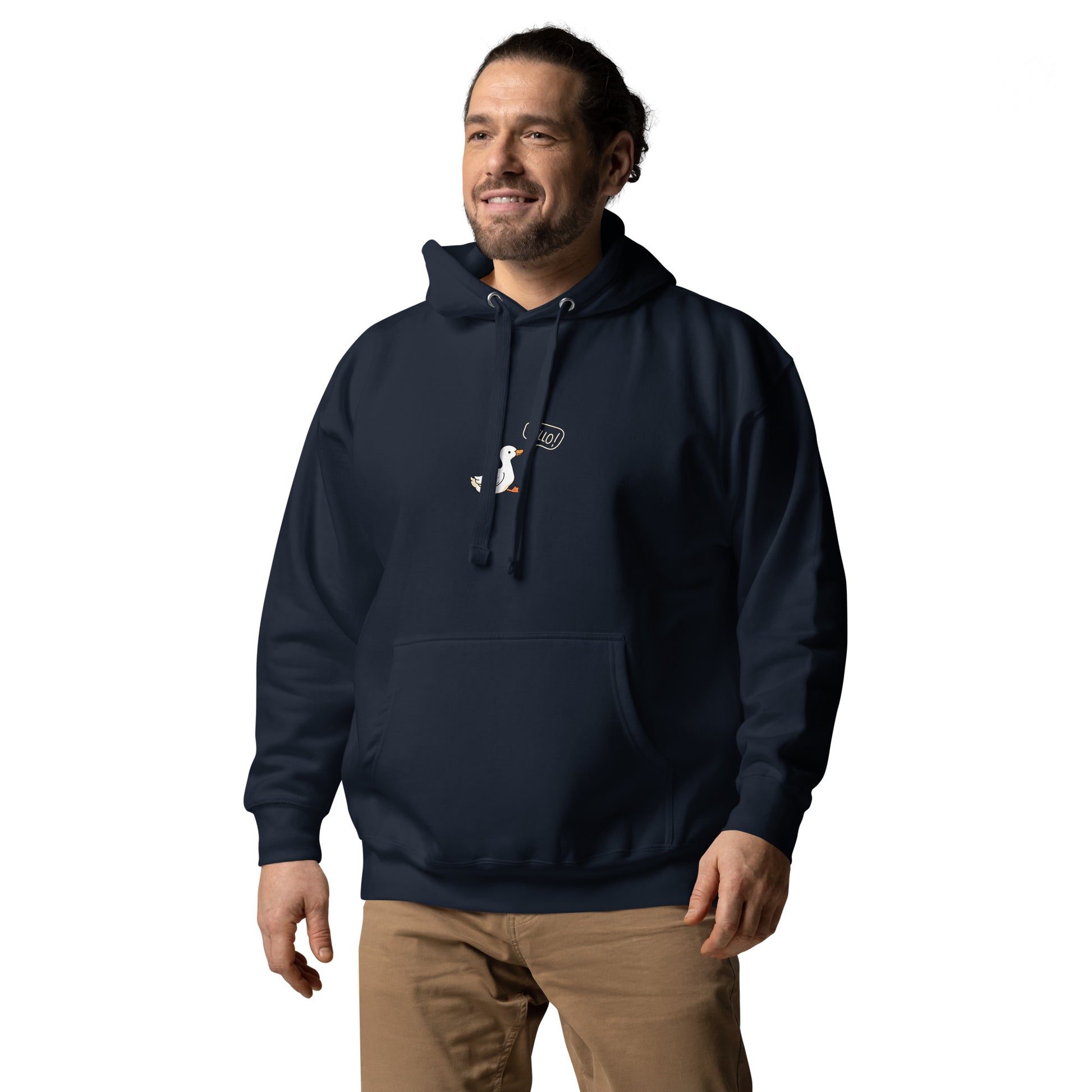 Image 5 of Black Quacksy Hoodie, size 2XL, with Hello Duck artwork visible in front view, left-side angle.