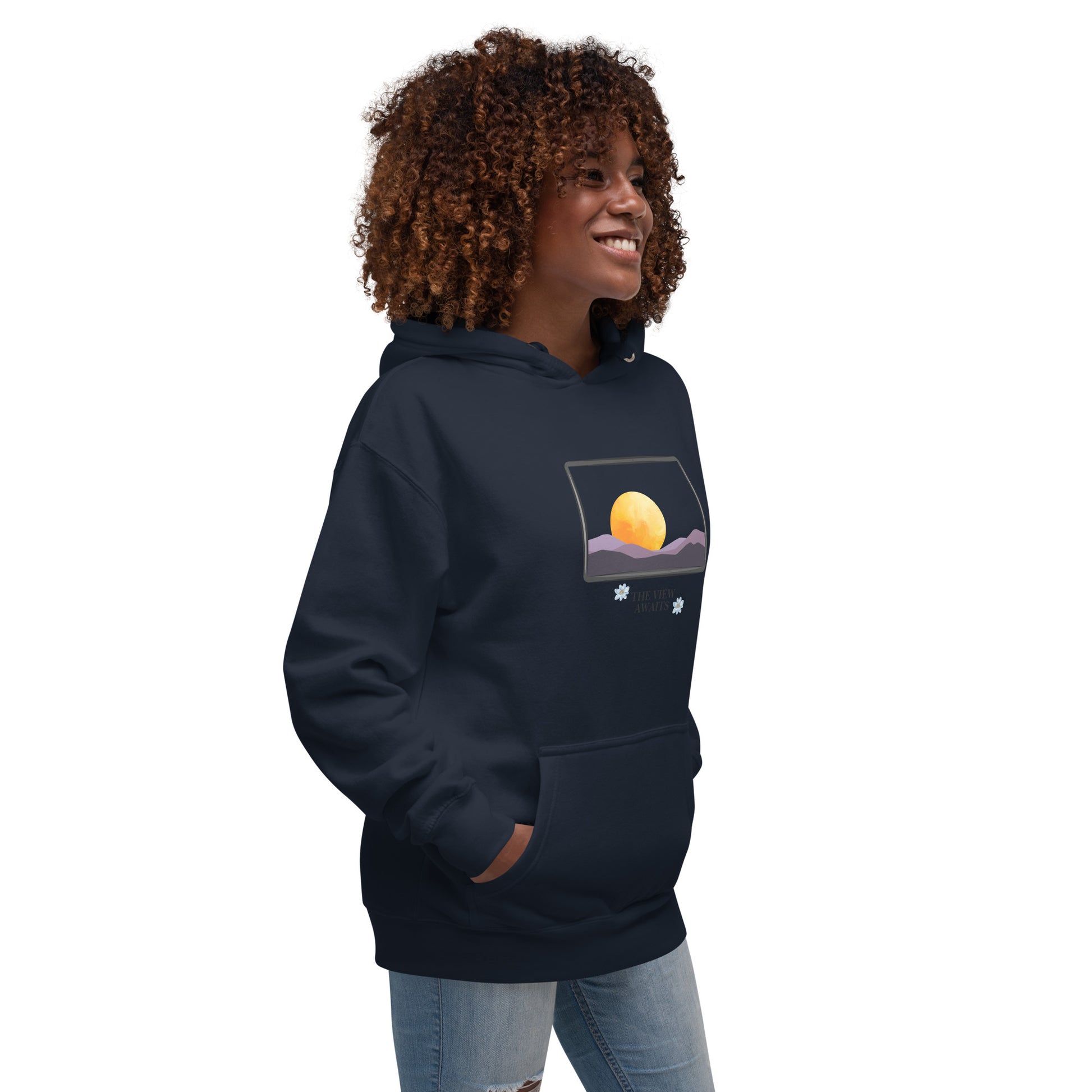 Image 8 of Navy Blazer Avenor Hoodie, size L, with The View Awaits artwork visible in front view, right-side angle.