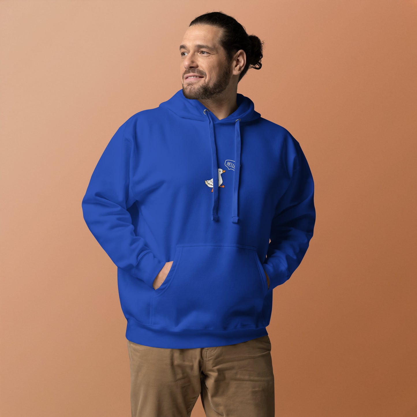 Quacksy Hoodie by R.A. Apparel, image 18, front view, Charcoal Heather, size L, design placement.
