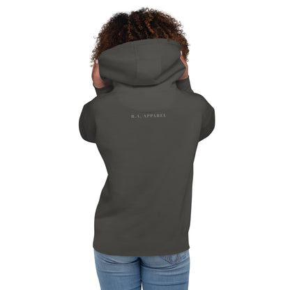 Avenor Hoodie by R.A. Apparel, image 18, back view, Charcoal Heather, size L, design placement.