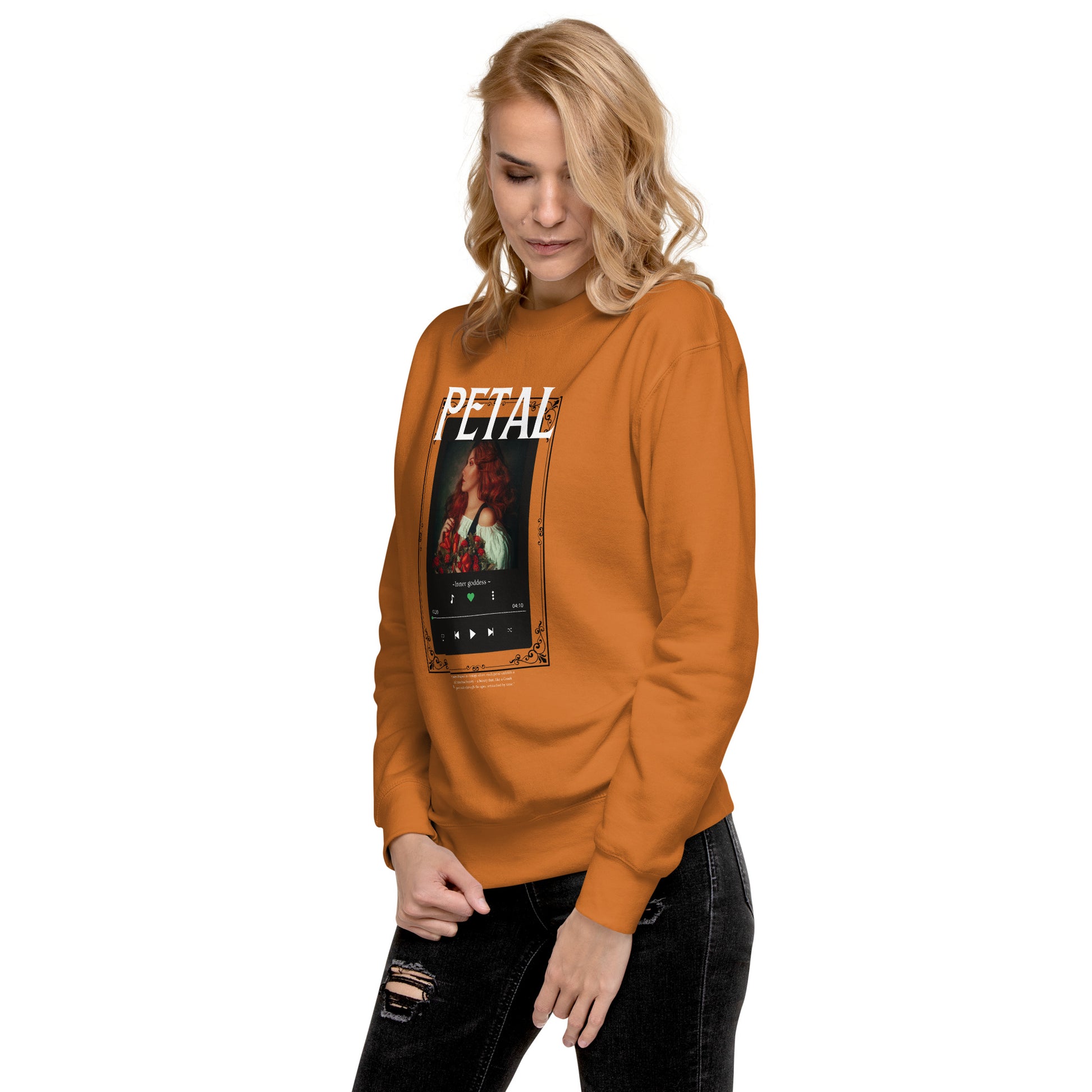 Image 61 of Carbon Grey Petaline Sweatshirt, size S, with Petal artwork visible in front view, left-side angle.