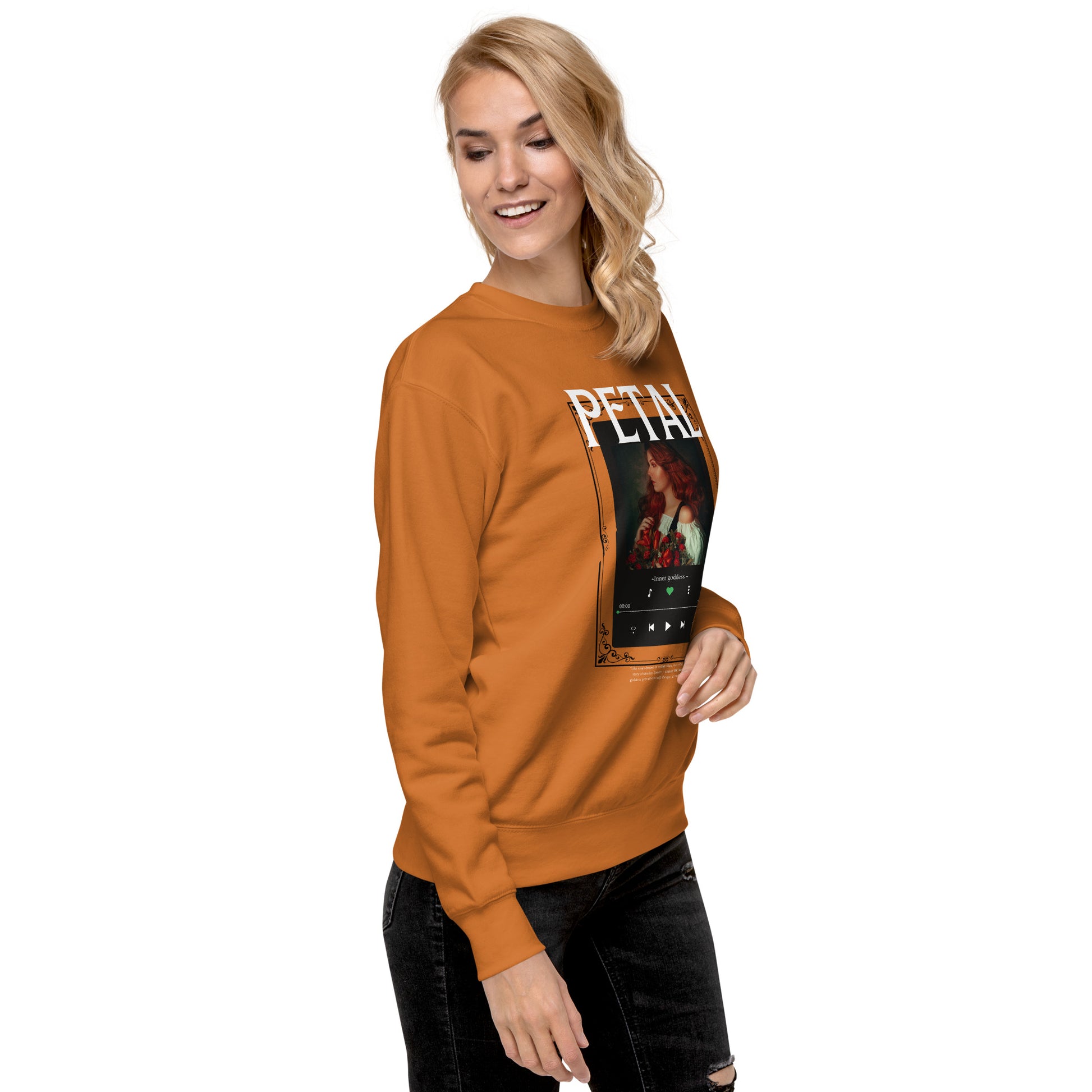 Image 63 of Carbon Grey Petaline Sweatshirt, size L, with Petal artwork visible in front view, right-side angle.