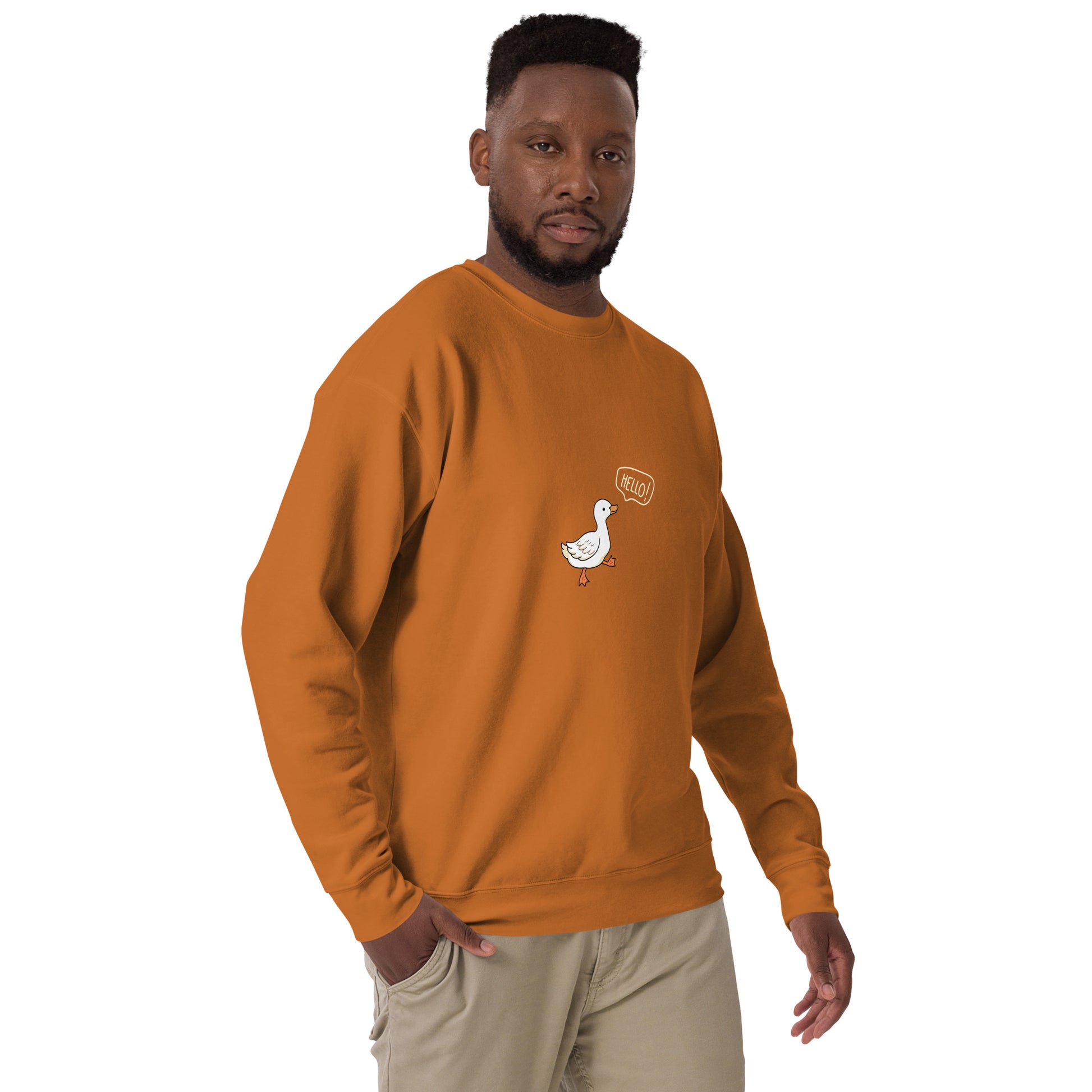 Quacksy Sweatshirt image 36: Team Red version, size S with front view, right-side angle of the Hello Duck range.