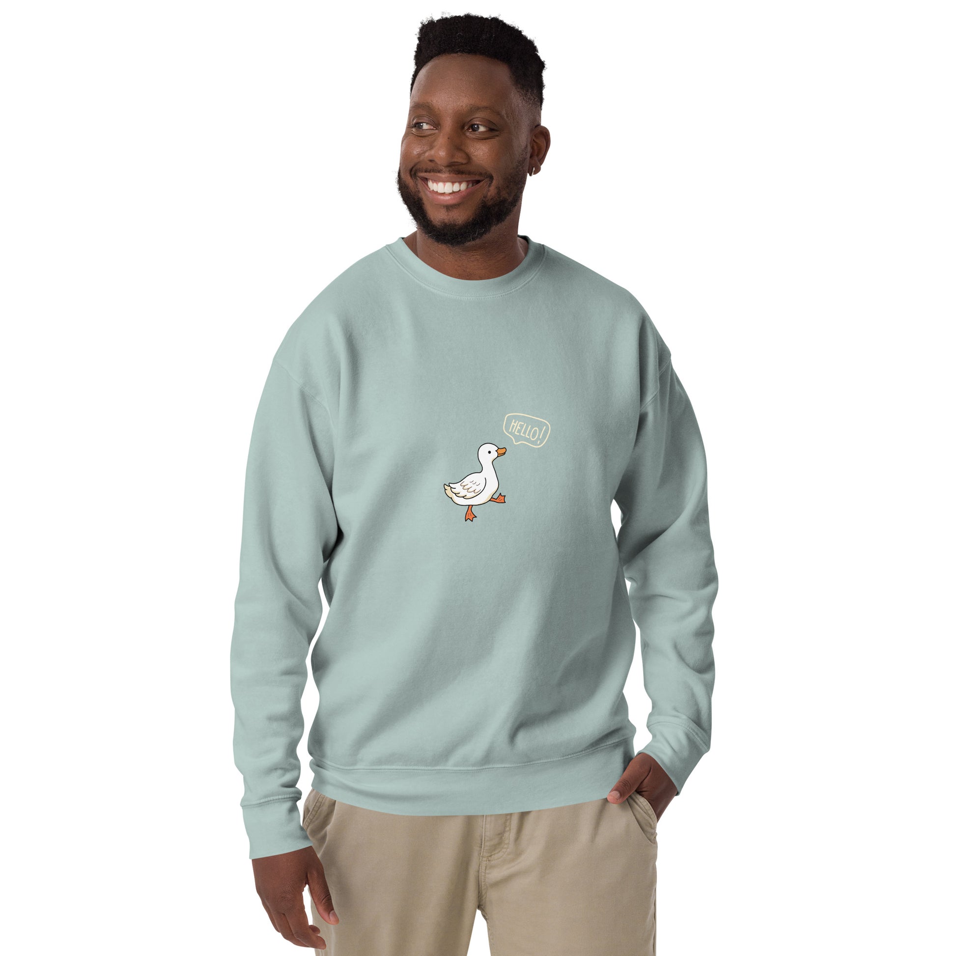 Image 53 of Dusty Rose Quacksy Sweatshirt, size L, with Hello Duck artwork visible in front view.