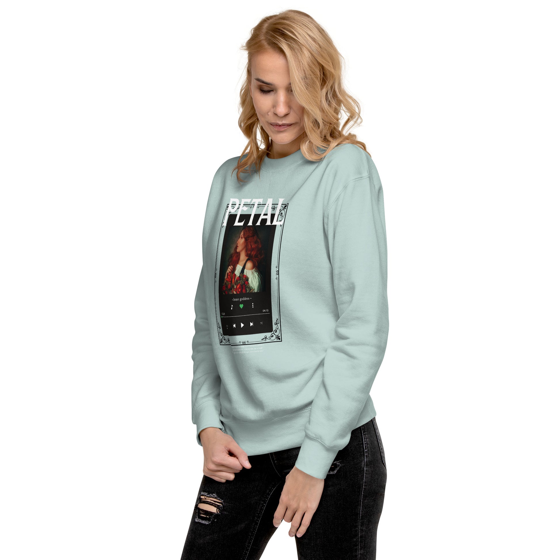 Image 94 of White Petaline Sweatshirt, size XL, with Petal artwork visible in front view, left-side angle.