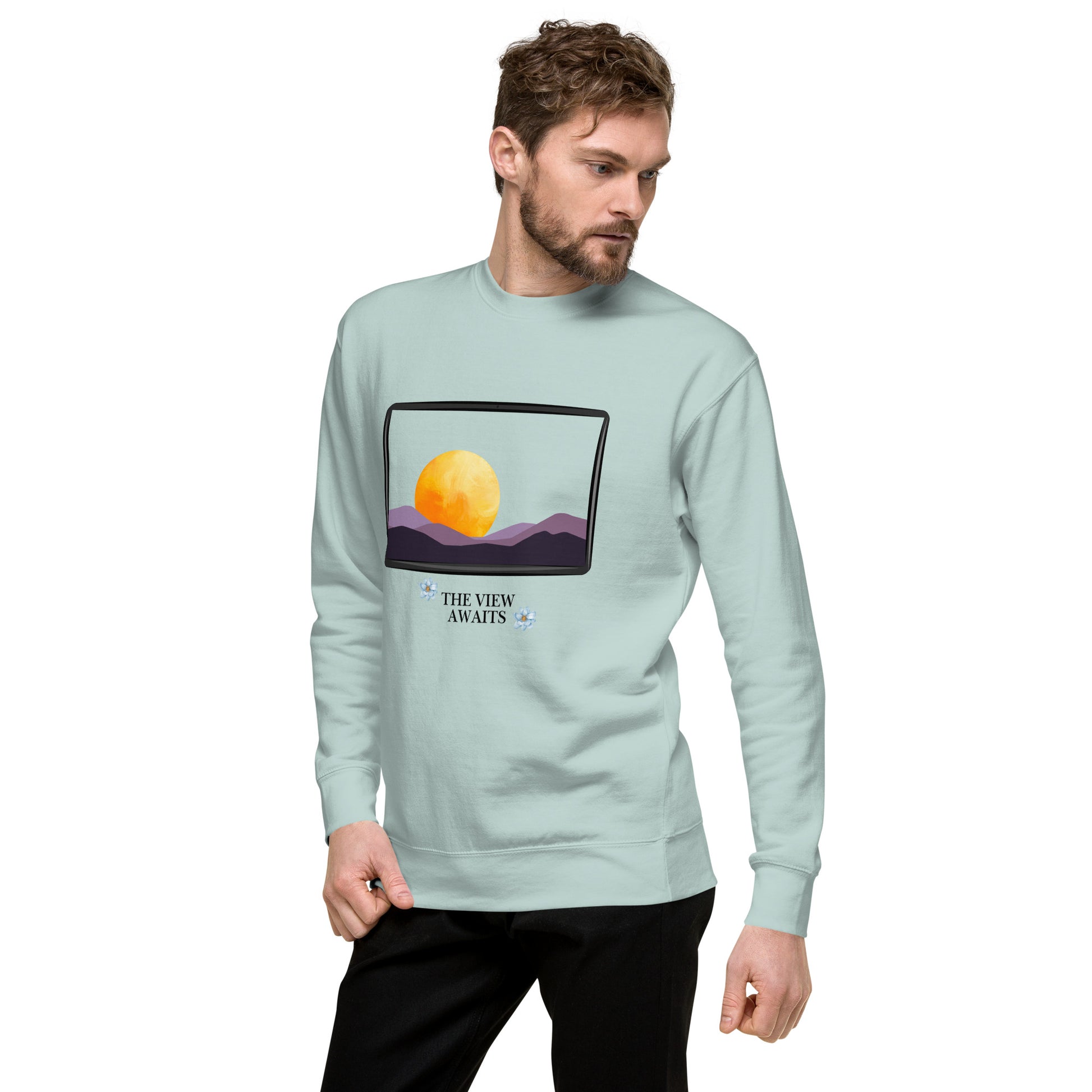 Image 81 of Bone Avenor Sweatshirt, size S, with The View Awaits artwork visible in front view, left-side angle.