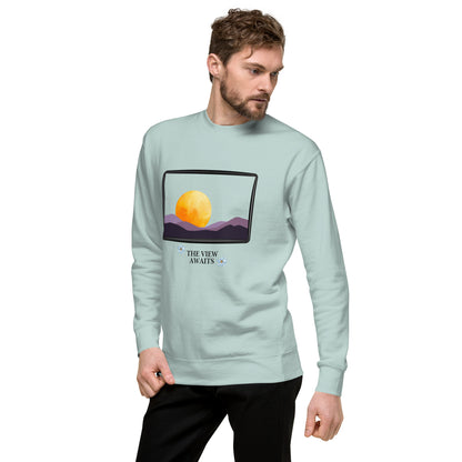Image 81 of Bone Avenor Sweatshirt, size S, with The View Awaits artwork visible in front view, left-side angle.