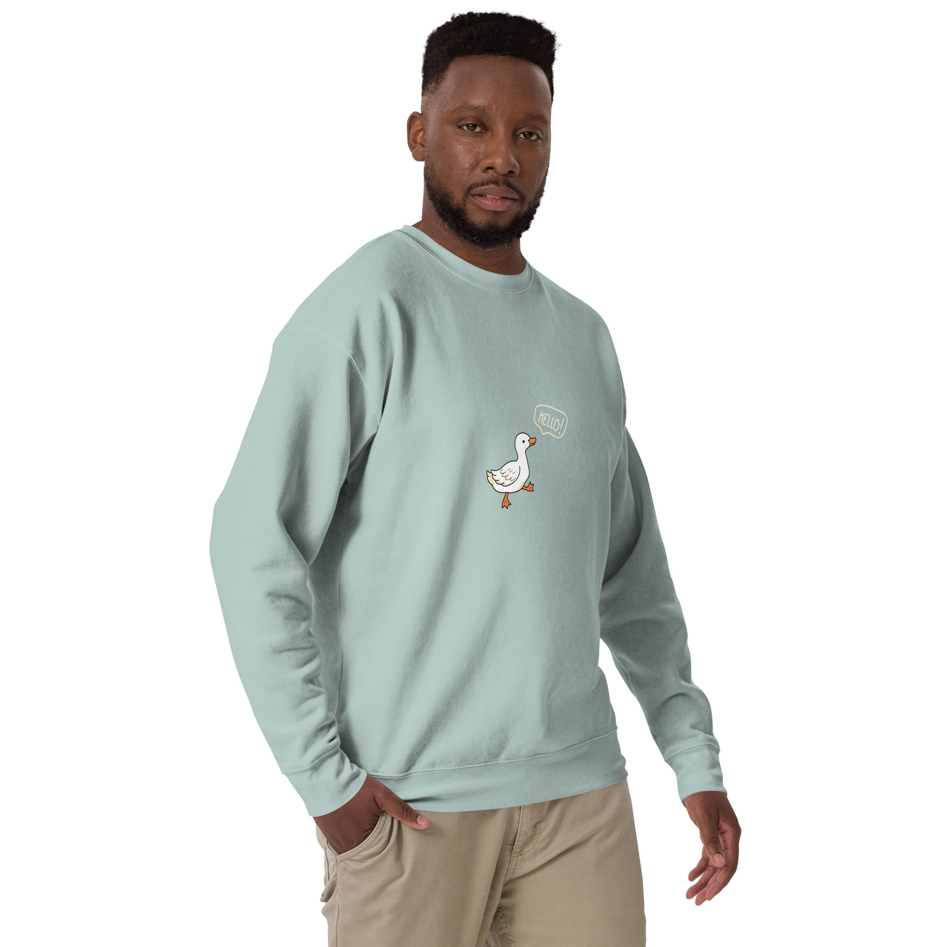 Quacksy Sweatshirt image 55 in Dusty Rose, size 2XL, showing front view, right-side angle for the Hello Duck design.