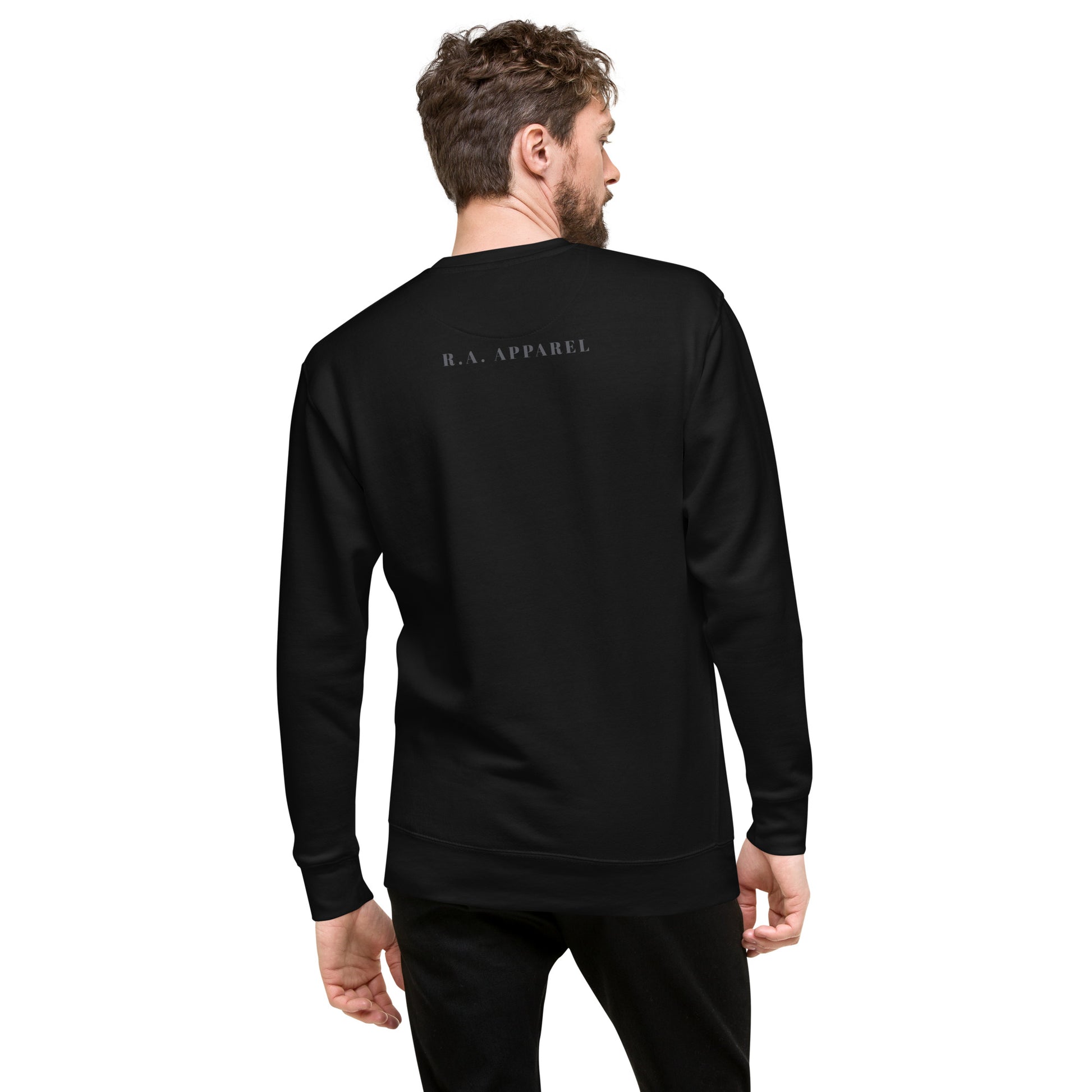 Image 16 of Charcoal Heather Grace Mark Sweatshirt - Left Placement, size XL, with Blessed artwork visible in back view.