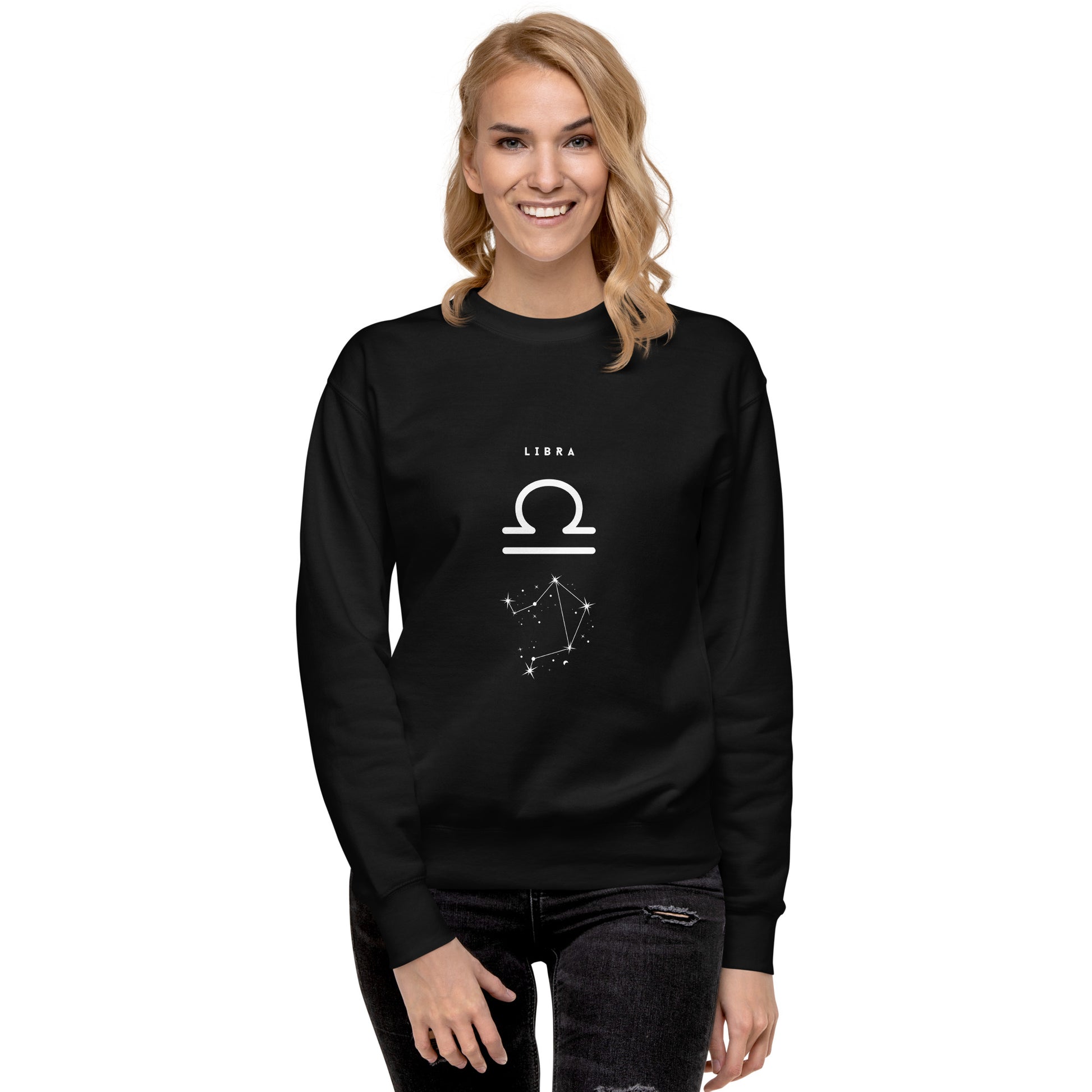 Balance Court Sweatshirt - Left Placement image 3 in Black, size L, showing front view for the Libra design.