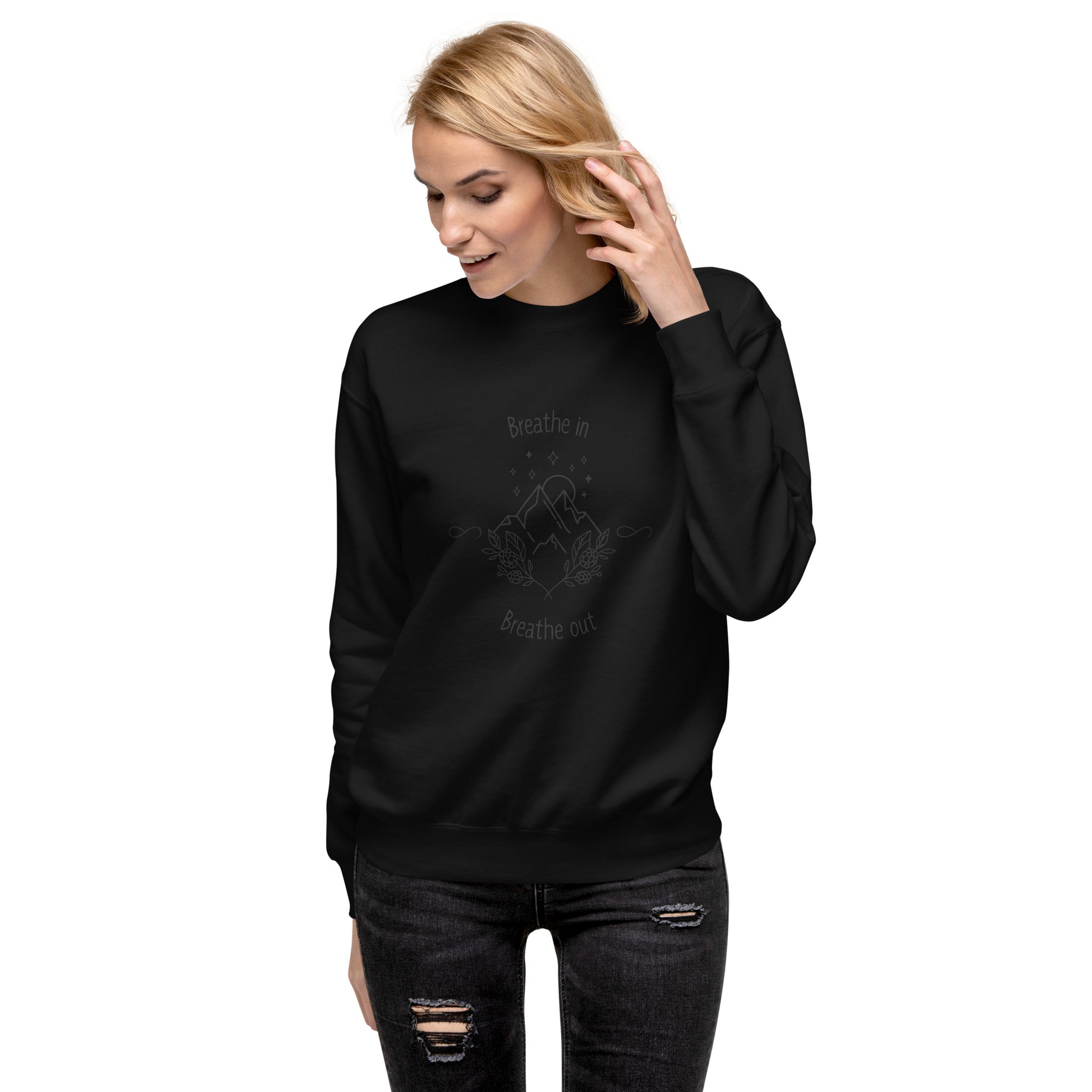 Exhale Sweatshirt - Left Placement product image 15 in Charcoal Heather, size L, with front view and left placement.