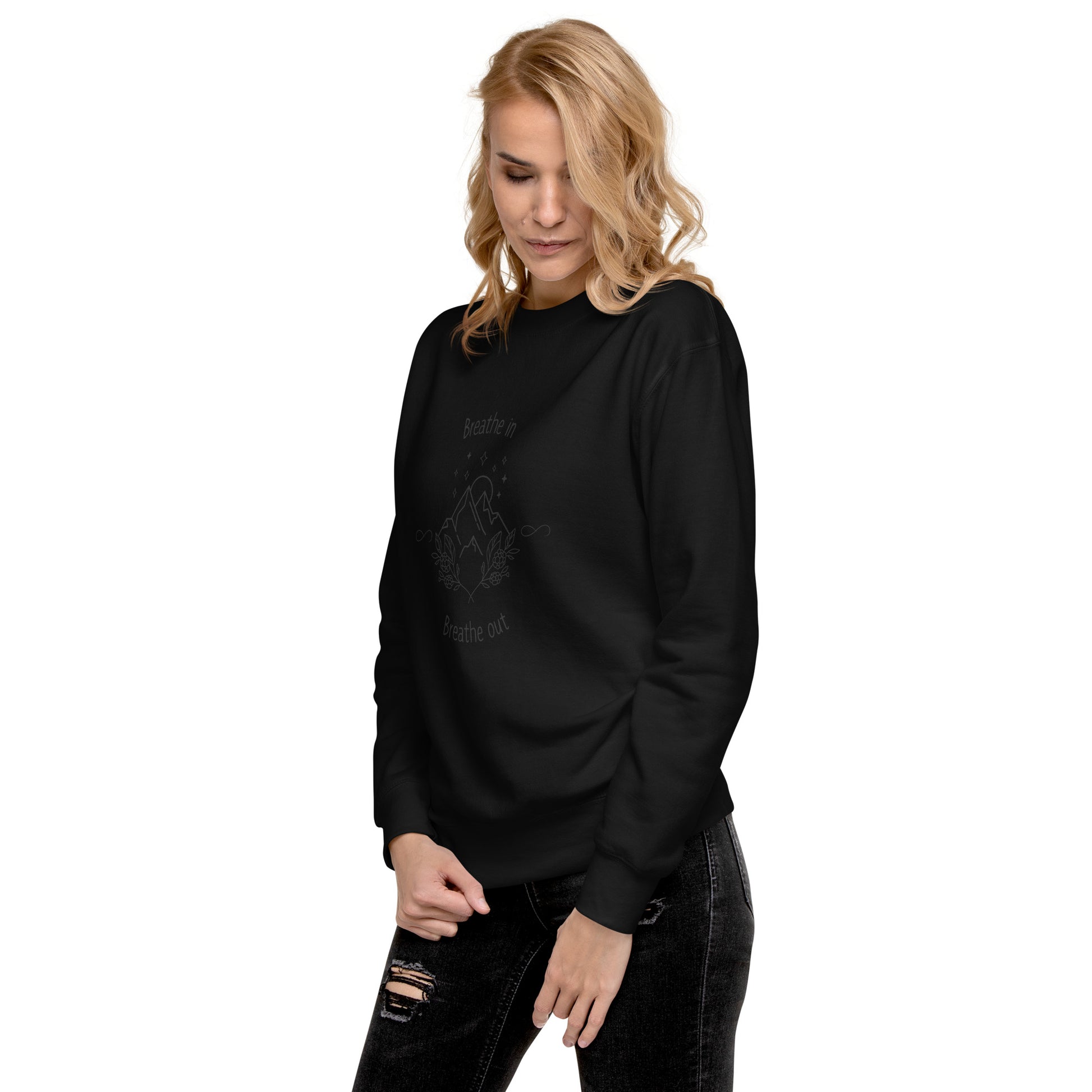 Exhale Sweatshirt - Left Placement by R.A. Apparel, image 17, front view, left-side angle, Charcoal Heather, size 2XL, left placement.