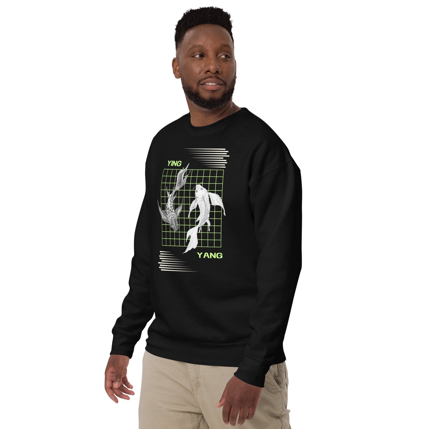 Image 3 of Black Equinoxe Sweatshirt, size L, with Ying and Yang artwork visible in front view, left-side angle.