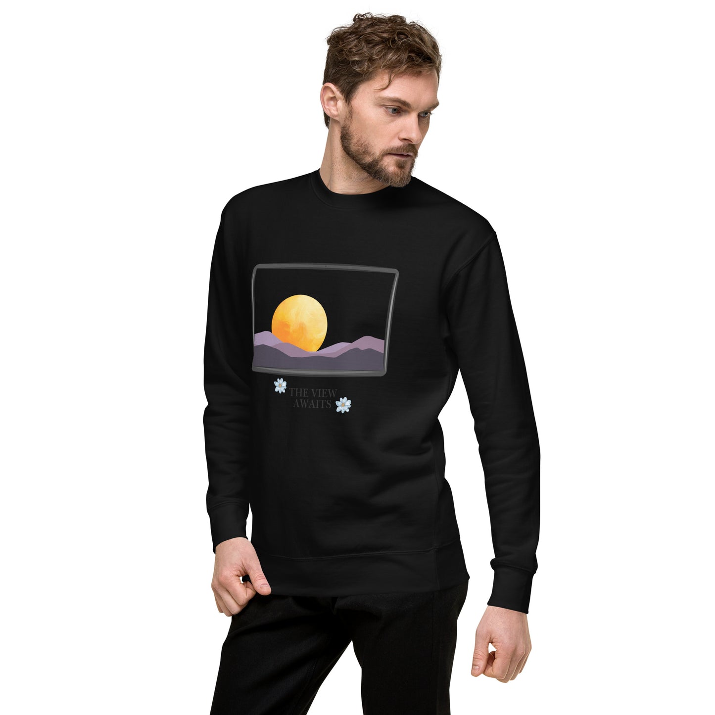 Avenor Sweatshirt image 3 in Black, size L, showing front view, left-side angle for the The View Awaits design.