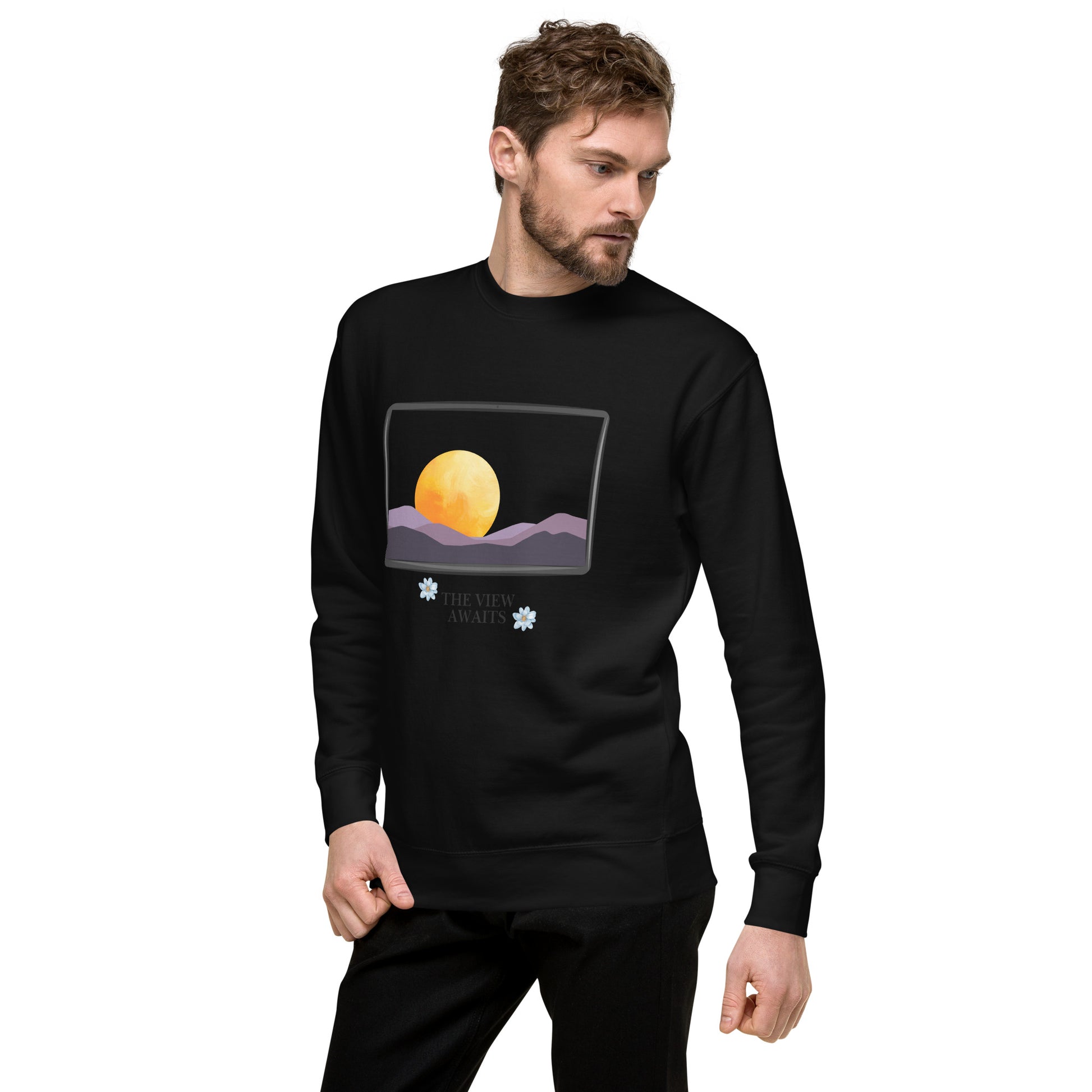 Avenor Sweatshirt image 3 in Black, size L, showing front view, left-side angle for the The View Awaits design.