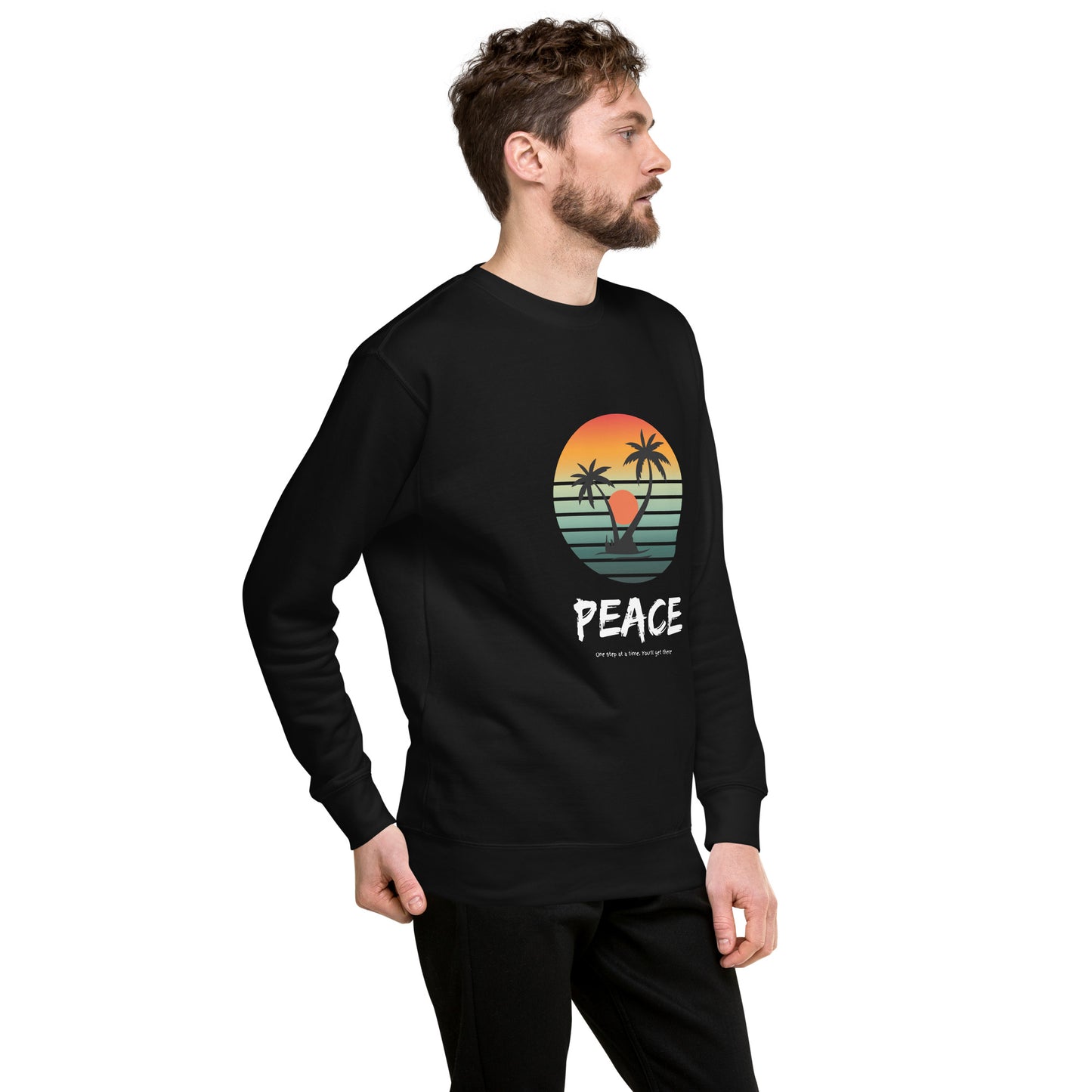 Quiet Peace Sweatshirt - Left Placement product image 10 in Navy Blazer, size XL, with front view, right-side angle and left placement.