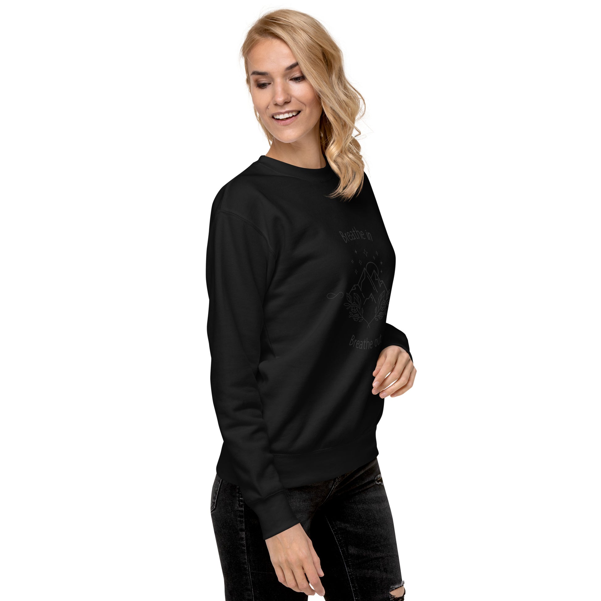 Image 18 of Charcoal Heather Exhale Sweatshirt - Left Placement, size 3XL, with Breathe in and Breathe Out artwork visible in front view, right-side angle.