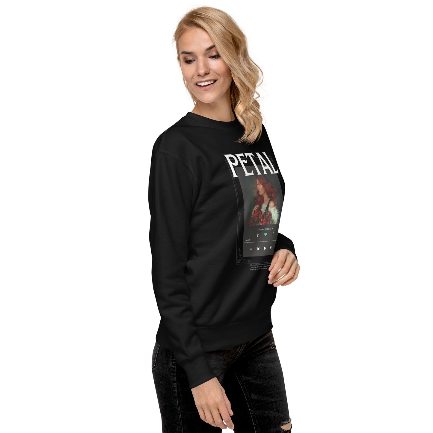 Petaline Sweatshirt by R.A. Apparel, image 5, front view, right-side angle, Black, size 2XL, design placement.