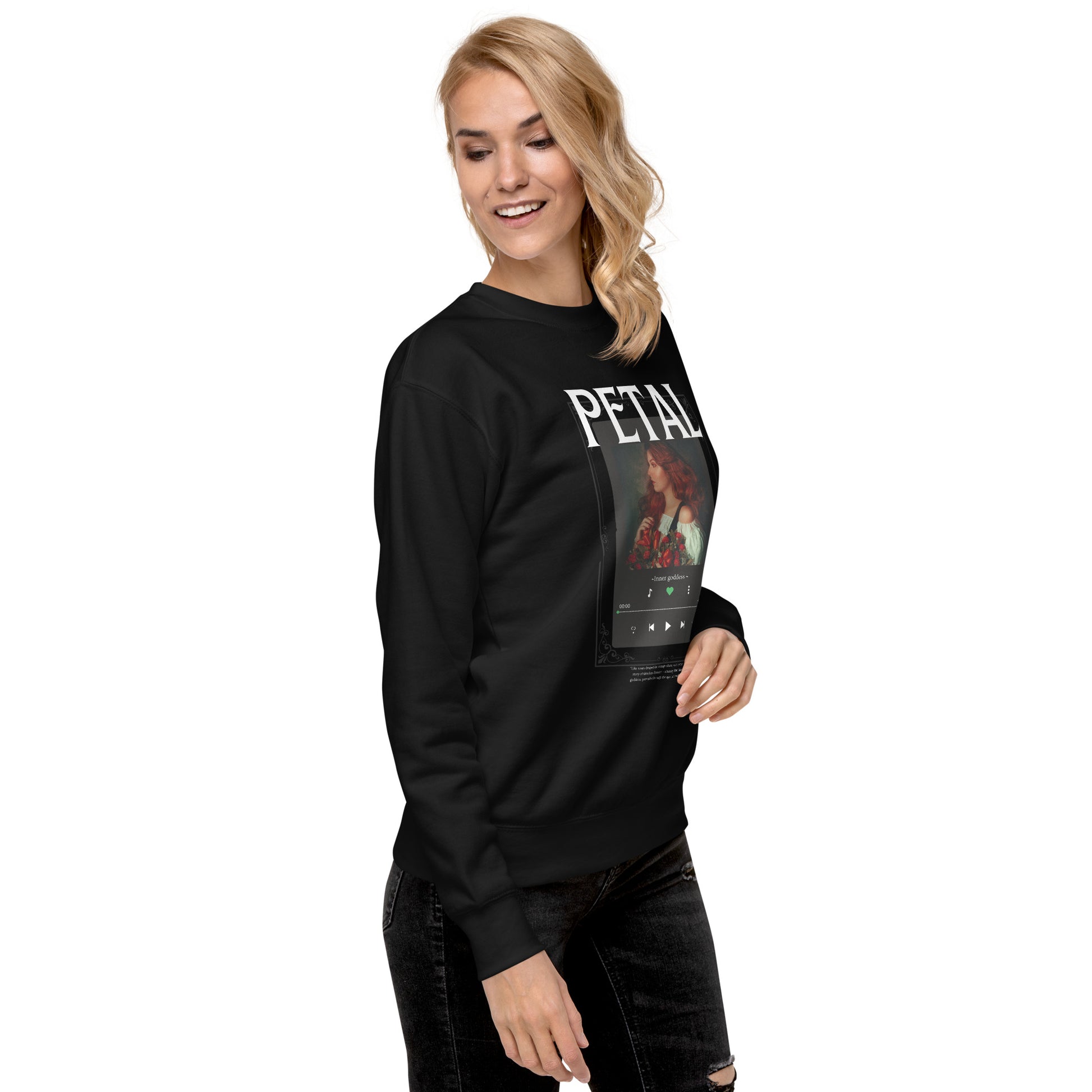 Petaline Sweatshirt by R.A. Apparel, image 5, front view, right-side angle, Black, size 2XL, design placement.