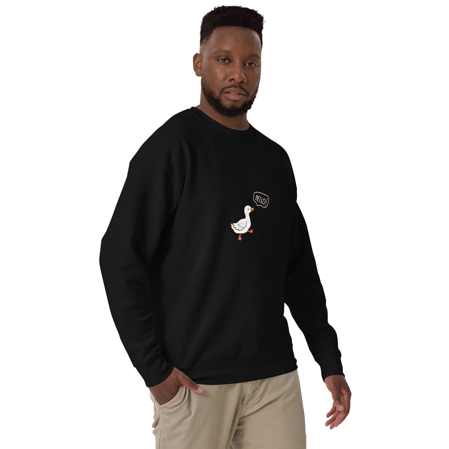 Quacksy Sweatshirt by R.A. Apparel, image 4, front view, right-side angle, Black, size XL, design placement.