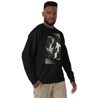 Equinoxe Sweatshirt by R.A. Apparel, image 4, front view, right-side angle, Black, size XL, design placement.