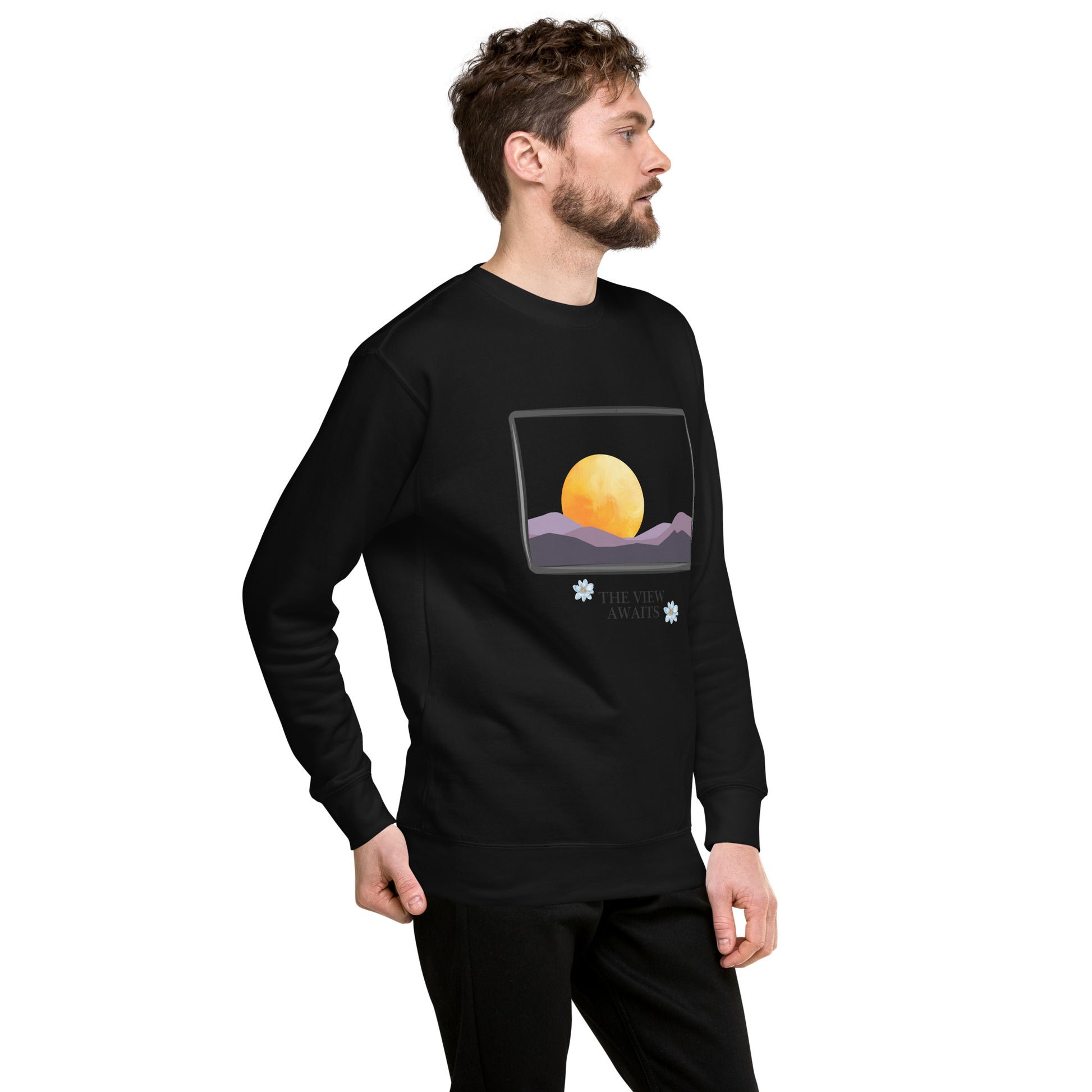 Image 6 of Navy Blazer Avenor Sweatshirt, size S, with The View Awaits artwork visible in front view, right-side angle.
