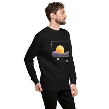 Image 6 of Navy Blazer Avenor Sweatshirt, size S, with The View Awaits artwork visible in front view, right-side angle.