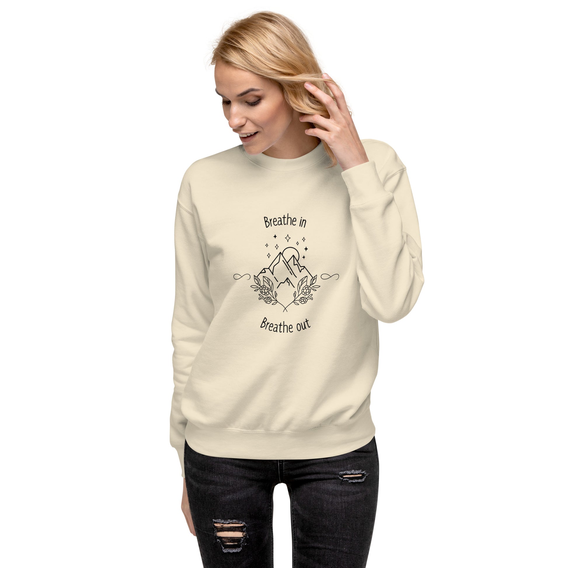 Exhale Sweatshirt - Left Placement image 57: Bone version, size L with front view of the Breathe in and Breathe Out range.
