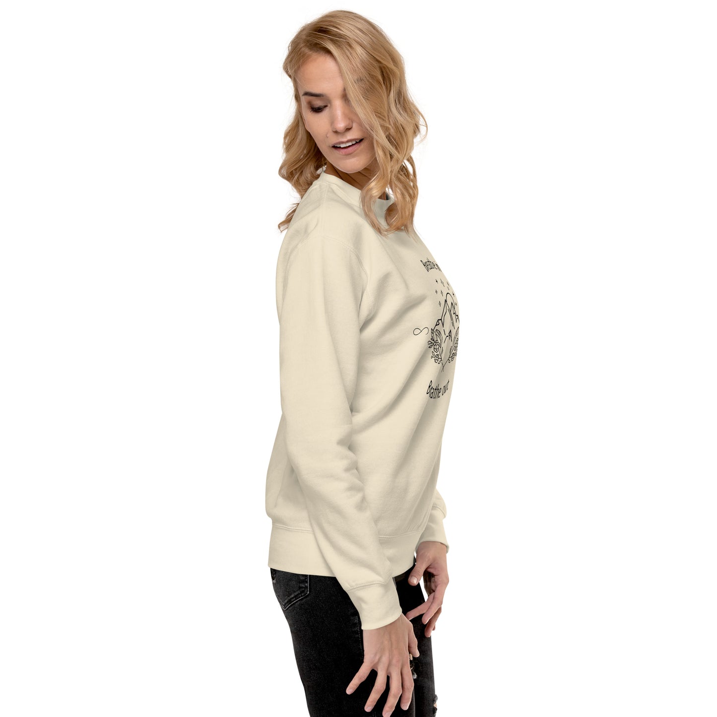 Exhale Sweatshirt - Left Placement image 61 in White, size S, showing right-side angle for the Breathe in and Breathe Out design.