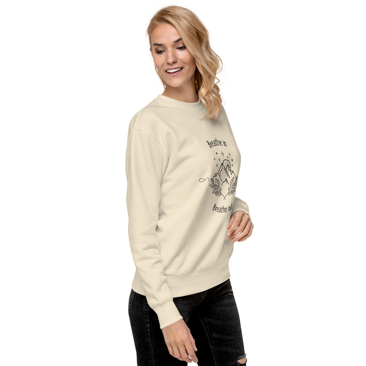Exhale Sweatshirt - Left Placement by R.A. Apparel, image 62, front view, right-side angle, White, size M, left placement.