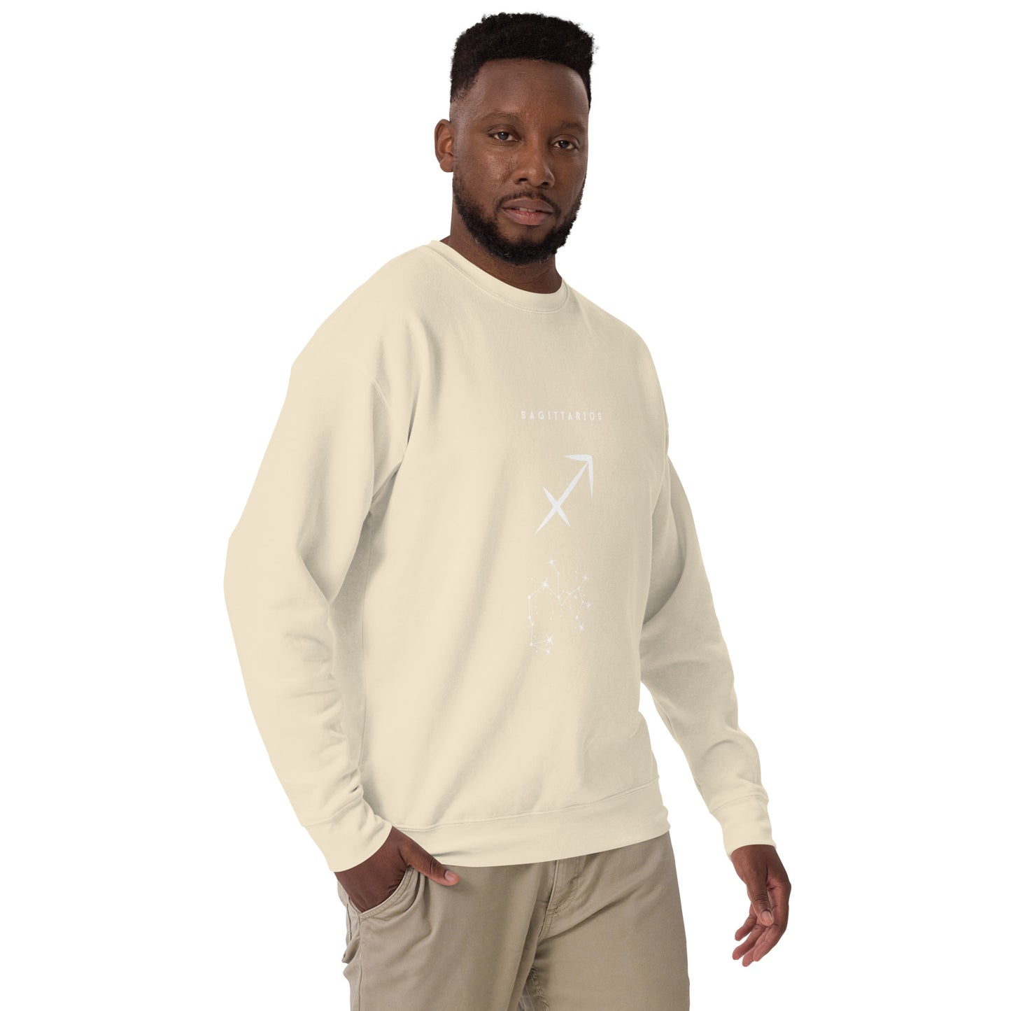 Image 67 of Bone Arrowborne Sweatshirt - Left Placement, size L, with Sagittarius artwork visible in front view, right-side angle.